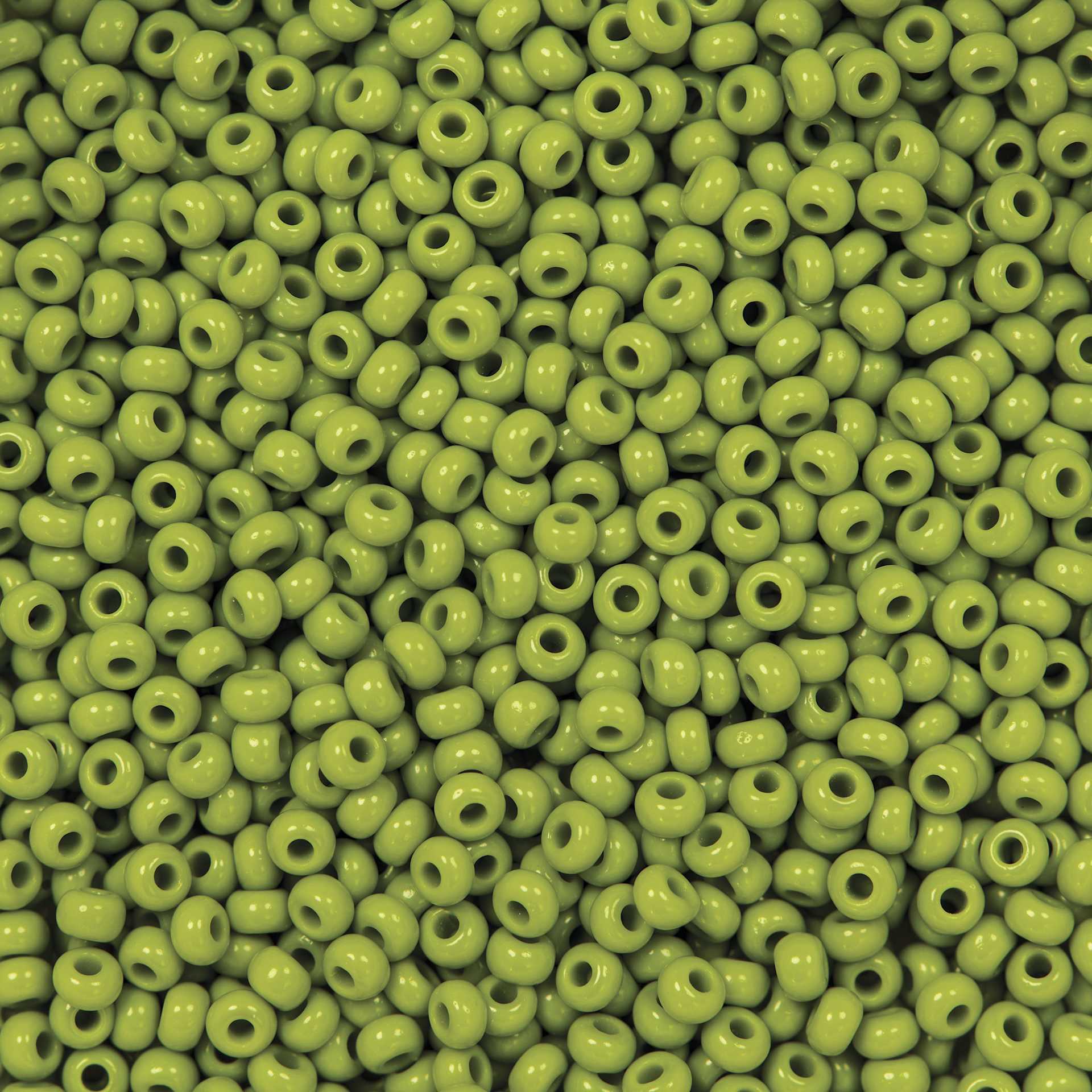 John Bead Czech Glass Seed Beads - Olive Green, Opaque, 10/0, 22 g Vial close up