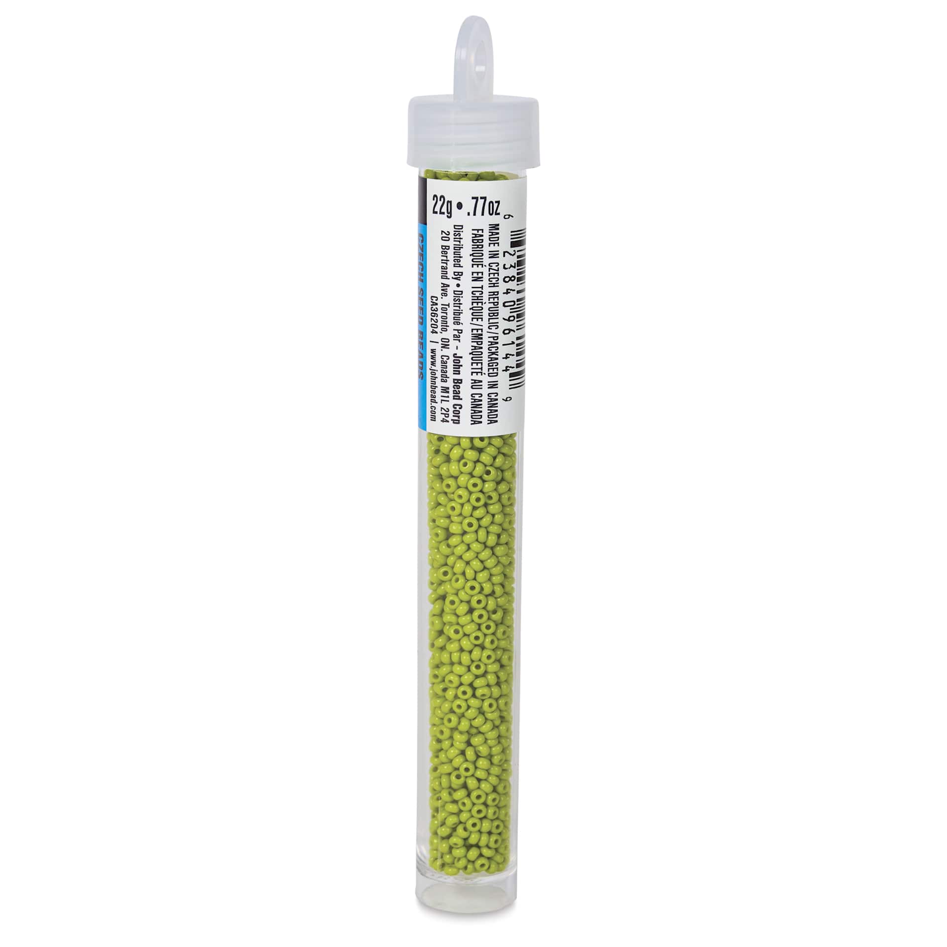 John Bead Czech Glass Seed Beads - Olive Green, Opaque, 10/0, 22 g Vial side view 