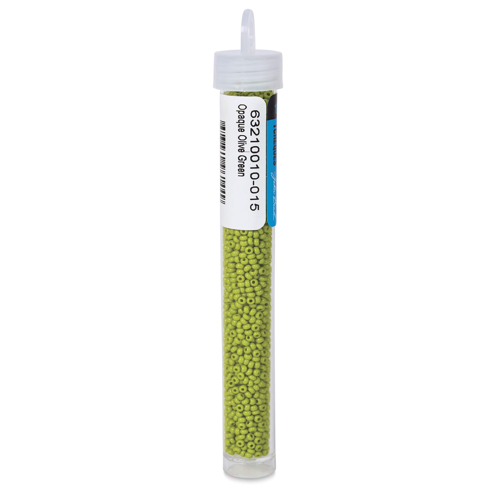 John Bead Czech Glass Seed Beads - Olive Green, Opaque, 10/0, 22 g Vial back view 