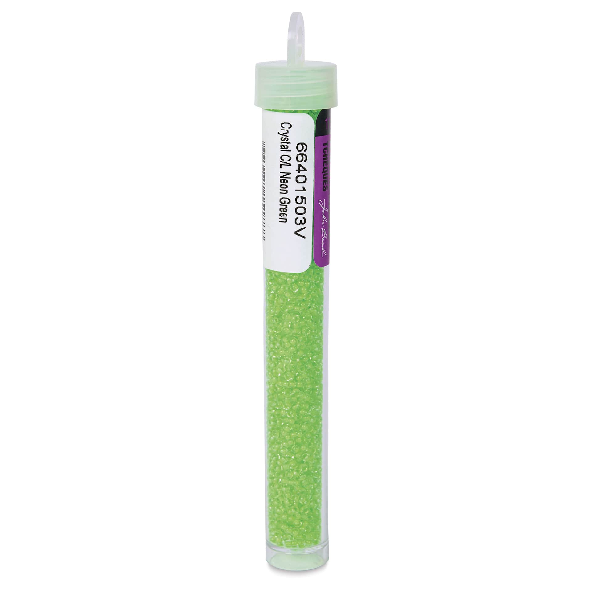 John Bead 11/0 Czech Glass Seed Beads - Neon Green, Color Lined, 23 g vial - left side