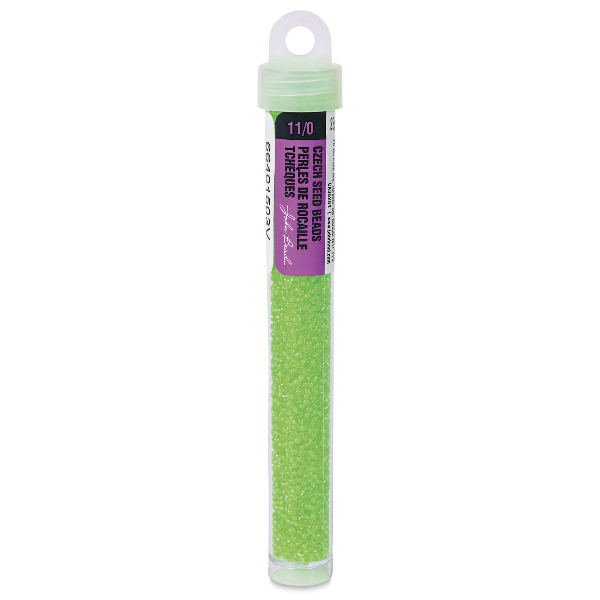 John Bead 11/0 Czech Glass Seed Beads - Neon Green, Color Lined, 23 g vial - front