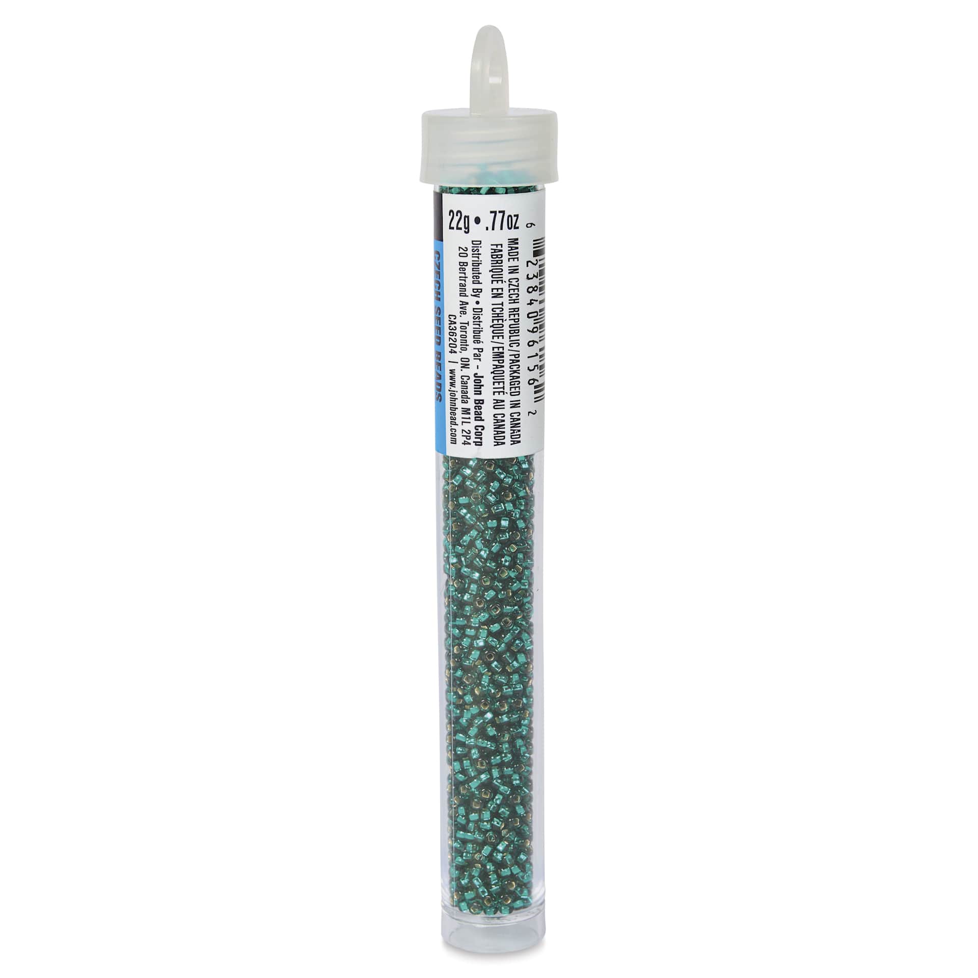 John Bead Czech Glass Seed Beads - Teal Green, Silver Lined, 10/0, 22 g Vial side view