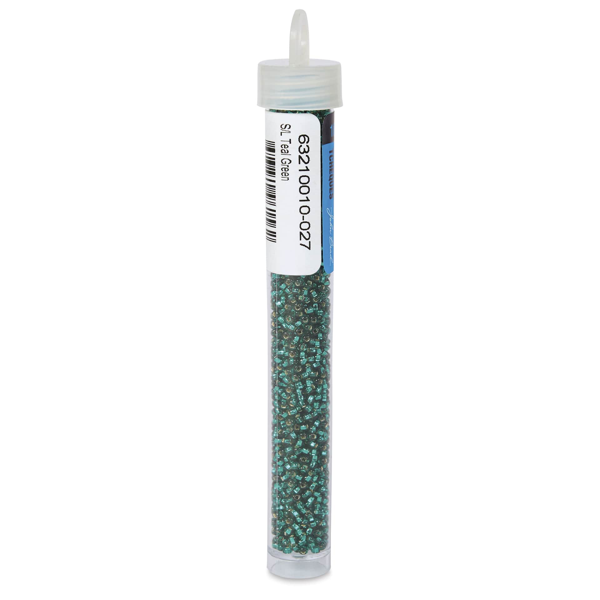 John Bead Czech Glass Seed Beads - Teal Green, Silver Lined, 10/0, 22 g Vial back view