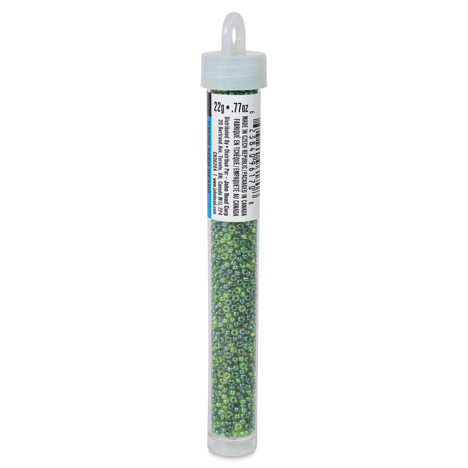 John Bead Czech Glass Seed Beads - Sea Green, Luster Mix, 10/0, 22 g Vial side view