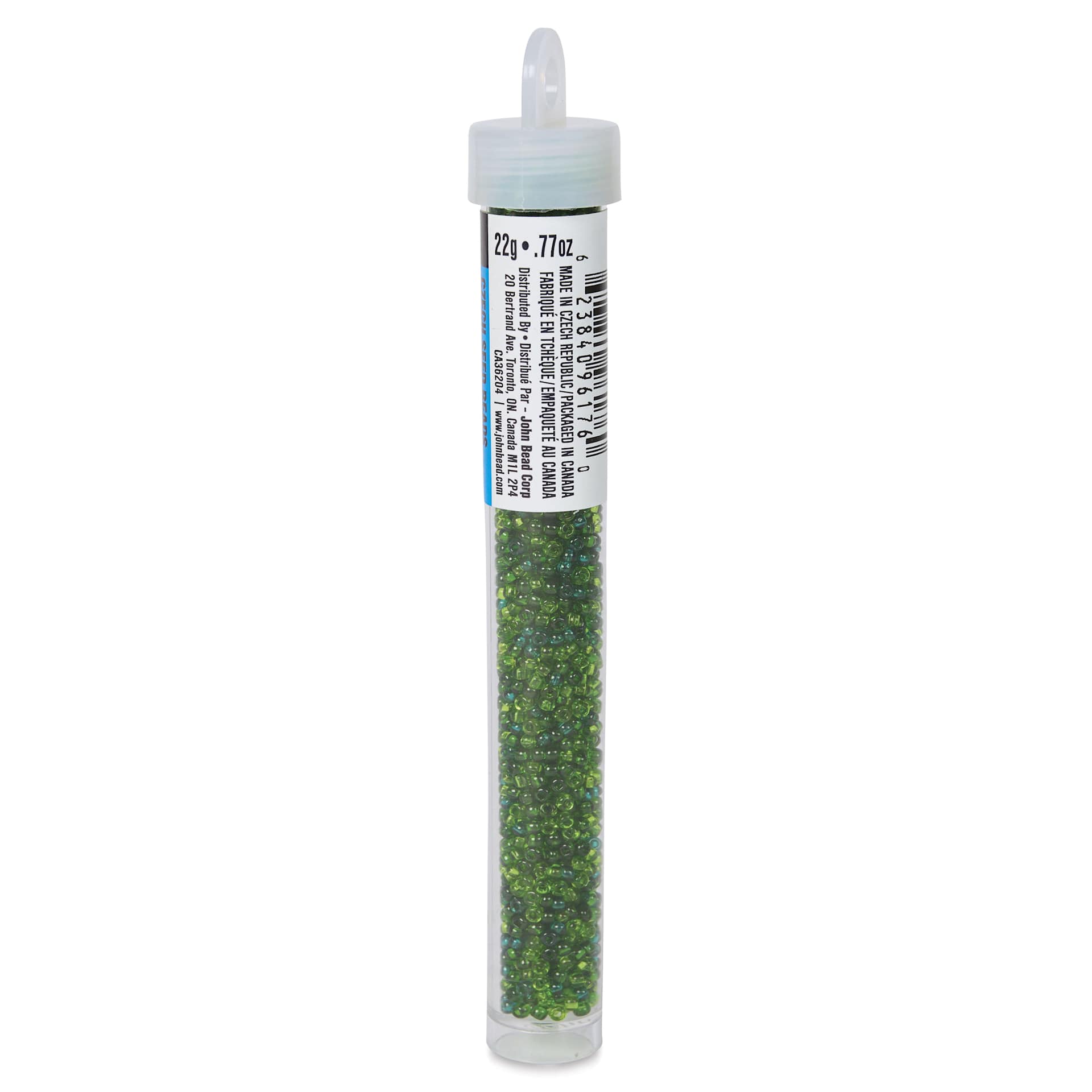 John Bead Czech Glass Seed Beads - Transparent Sea Green, Luster Mix, 10/0, 22 g Vial side view