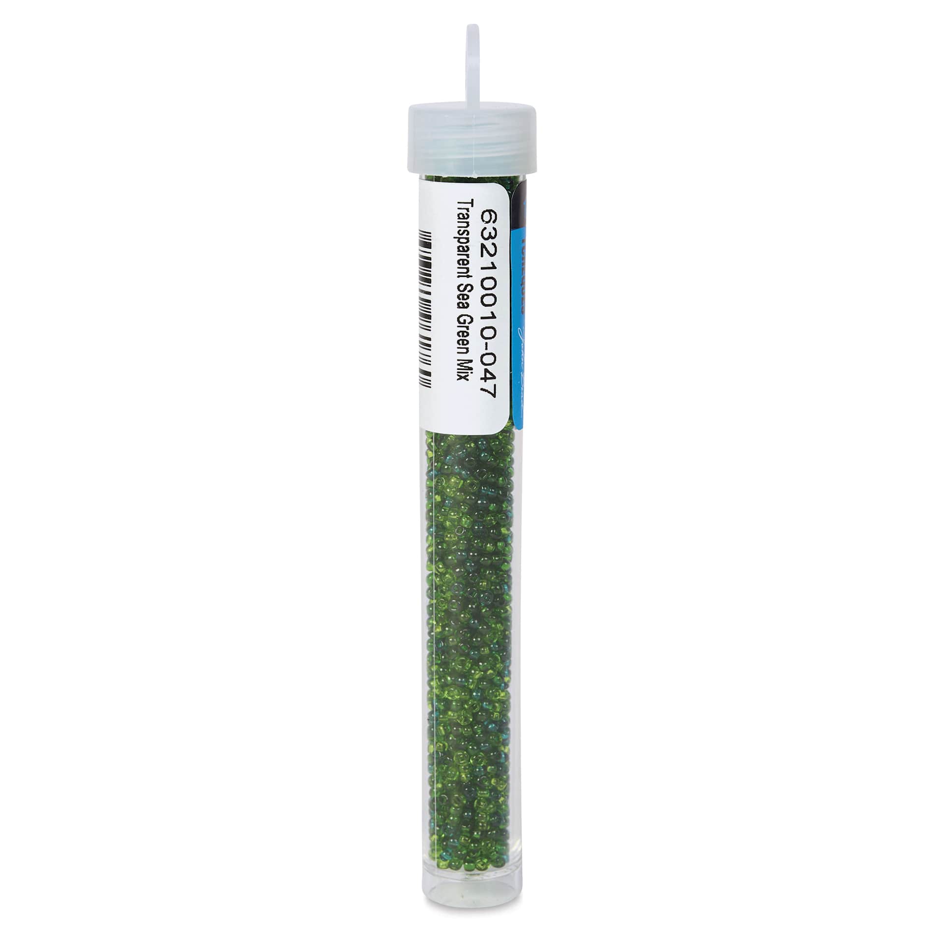 John Bead Czech Glass Seed Beads - Transparent Sea Green, Luster Mix, 10/0, 22 g Vial back view
