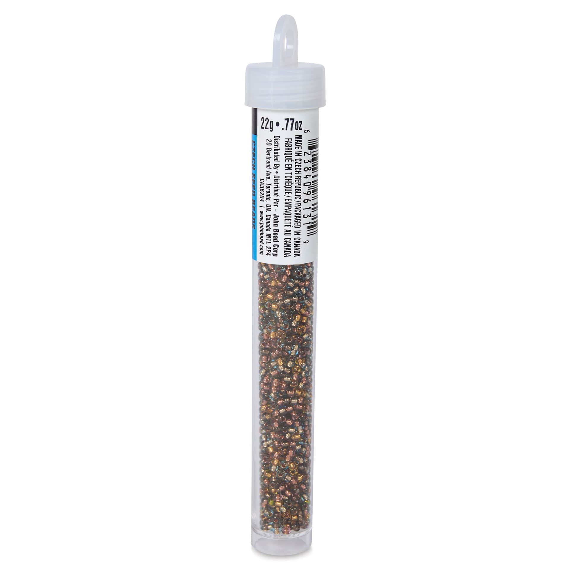 John Bead Czech Glass Seed Beads - Earth Tones, Color Lined, 10/0, 22 g Vial side view