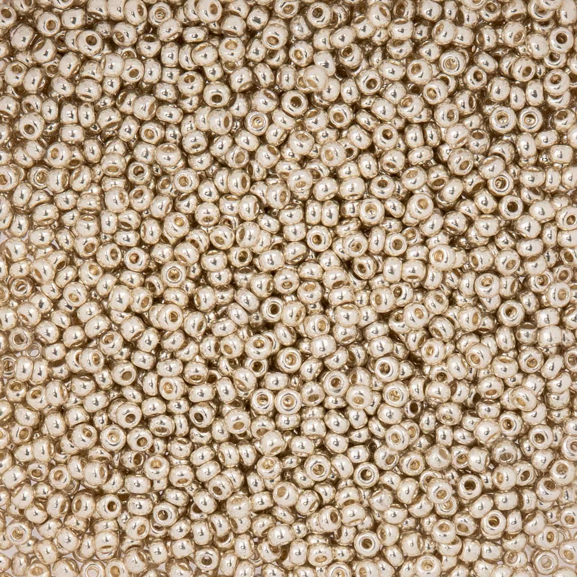 John Bead Czech Glass Seed Beads - Metallic Light Silver, 10/0, 22 g Vial close up