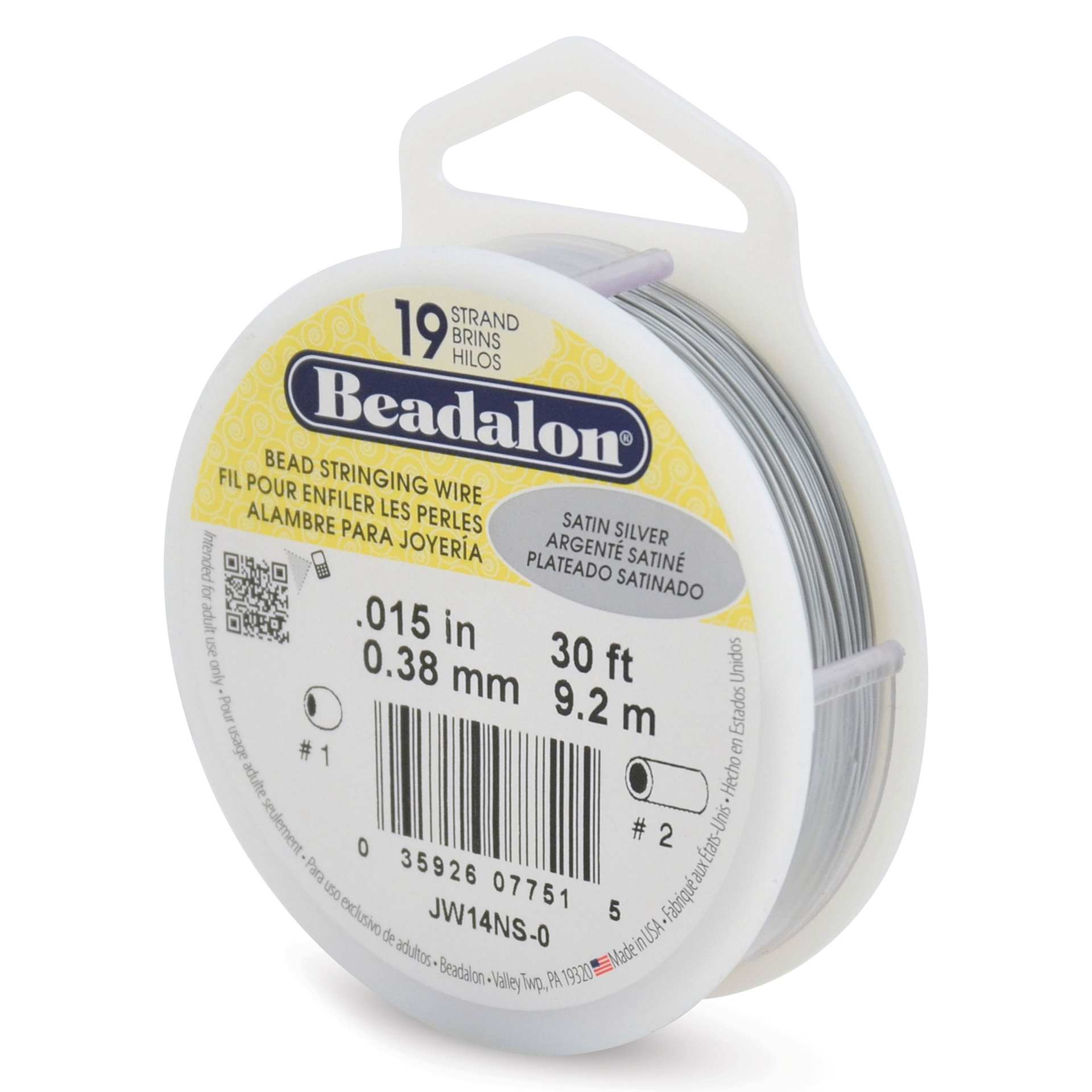 Beadalon 19 Strand Bead Stringing Wire - Satin Silver, 0.015" x 30 ft.