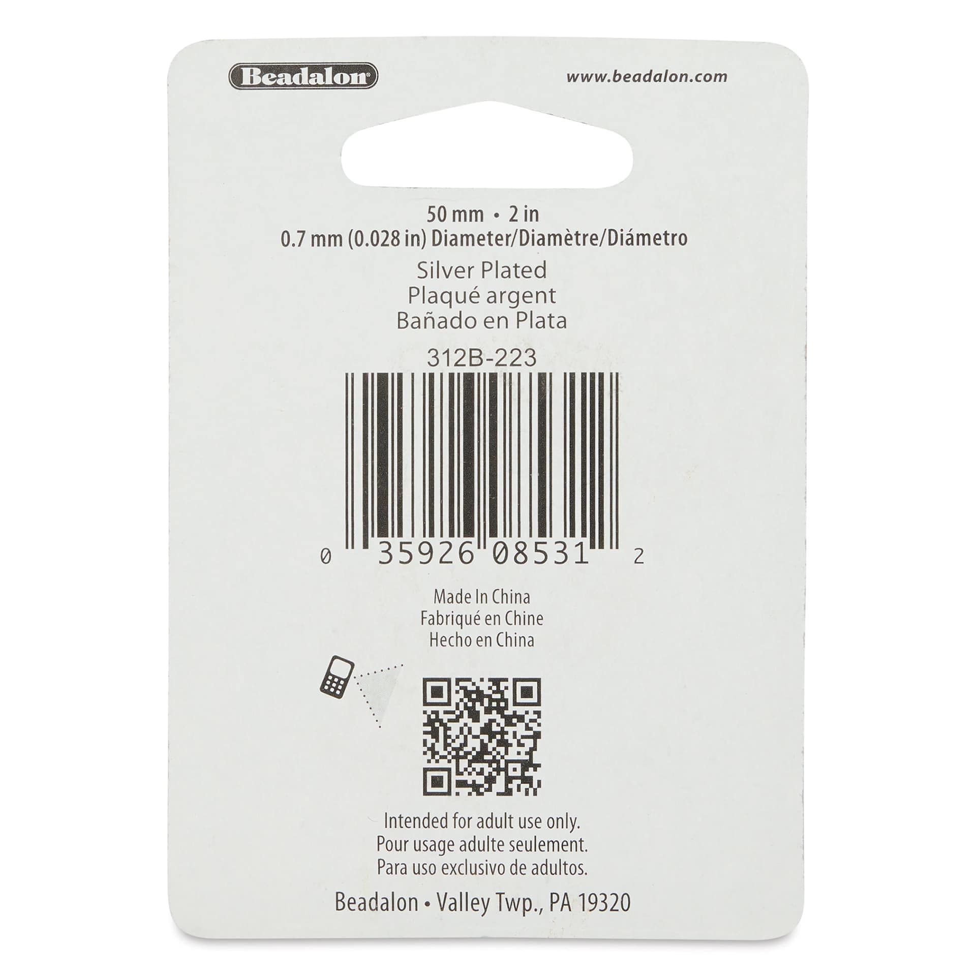 Beadalon Head Pins - Silver, Pkg of 24 back of packaging