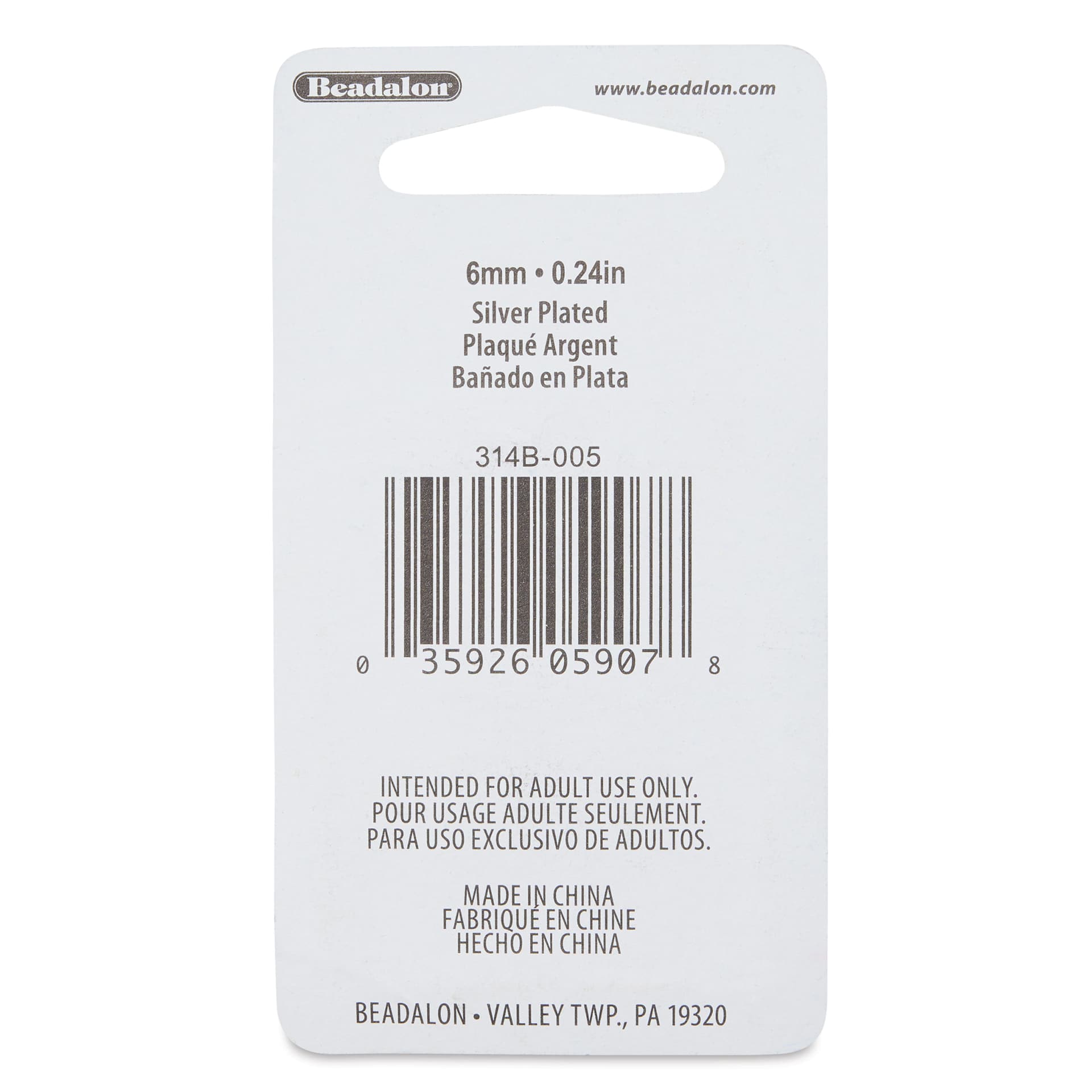 Beadalon Jump Rings - Silver Plated, Round, 6 mm, Pkg of 50 back of packaging