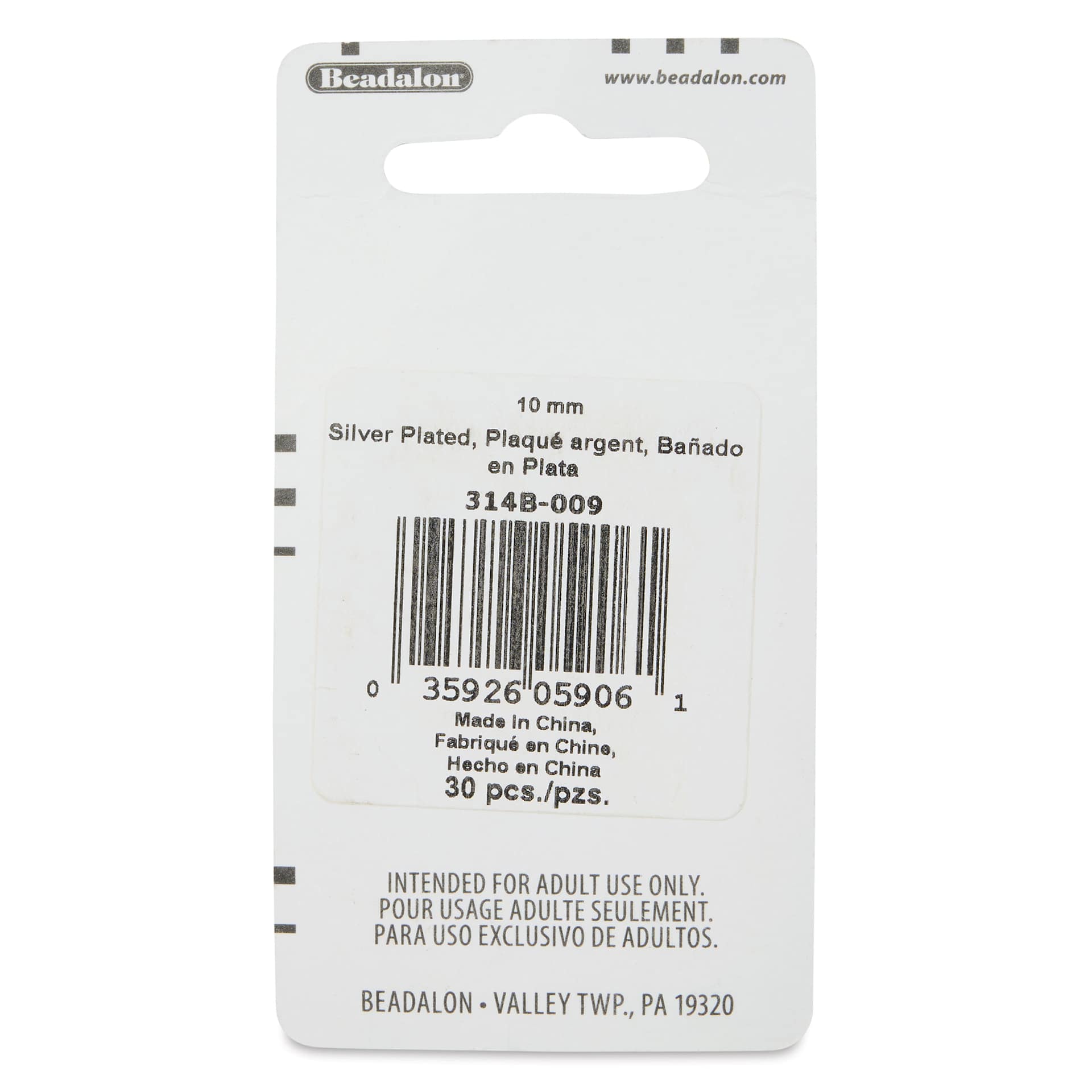 Beadalon Jump Rings - Silver Plated, Round, 10 mm, Pkg of 30 back of packaging