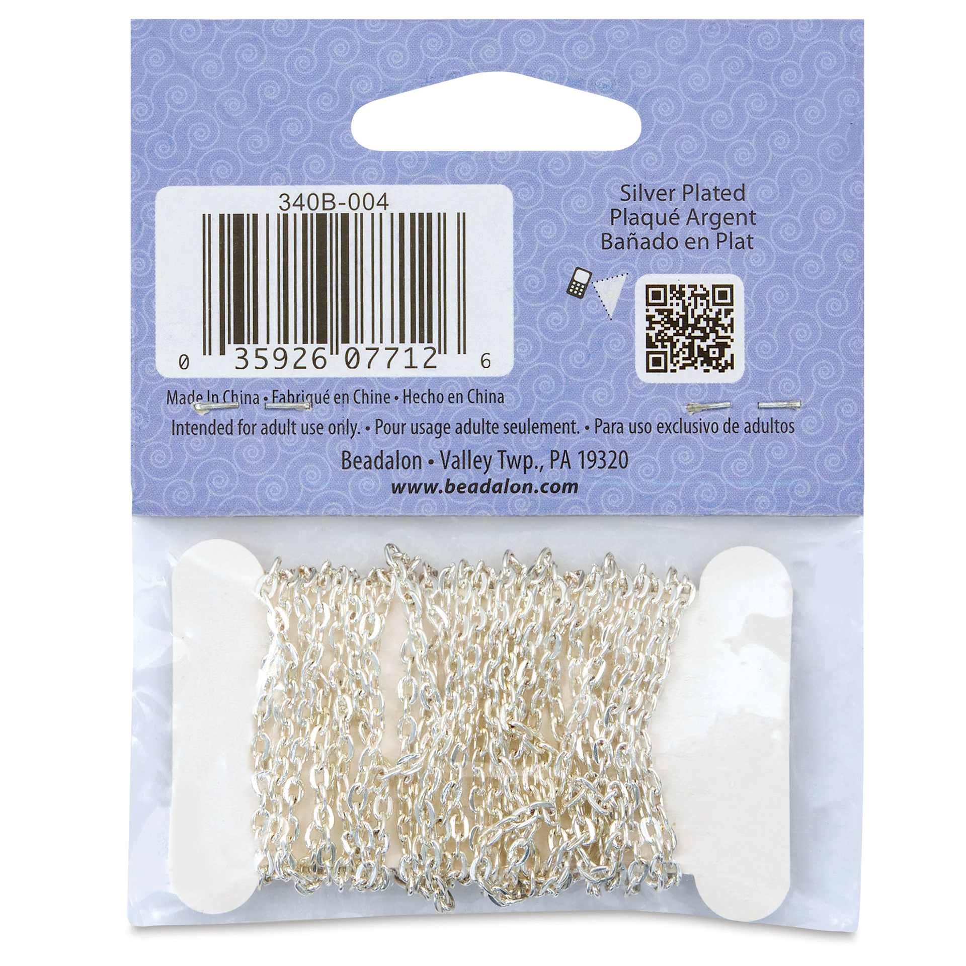 Beadalon Jewelry Chain - Silver, Dapped Small, 2.3 mm x 2 m back of packaging