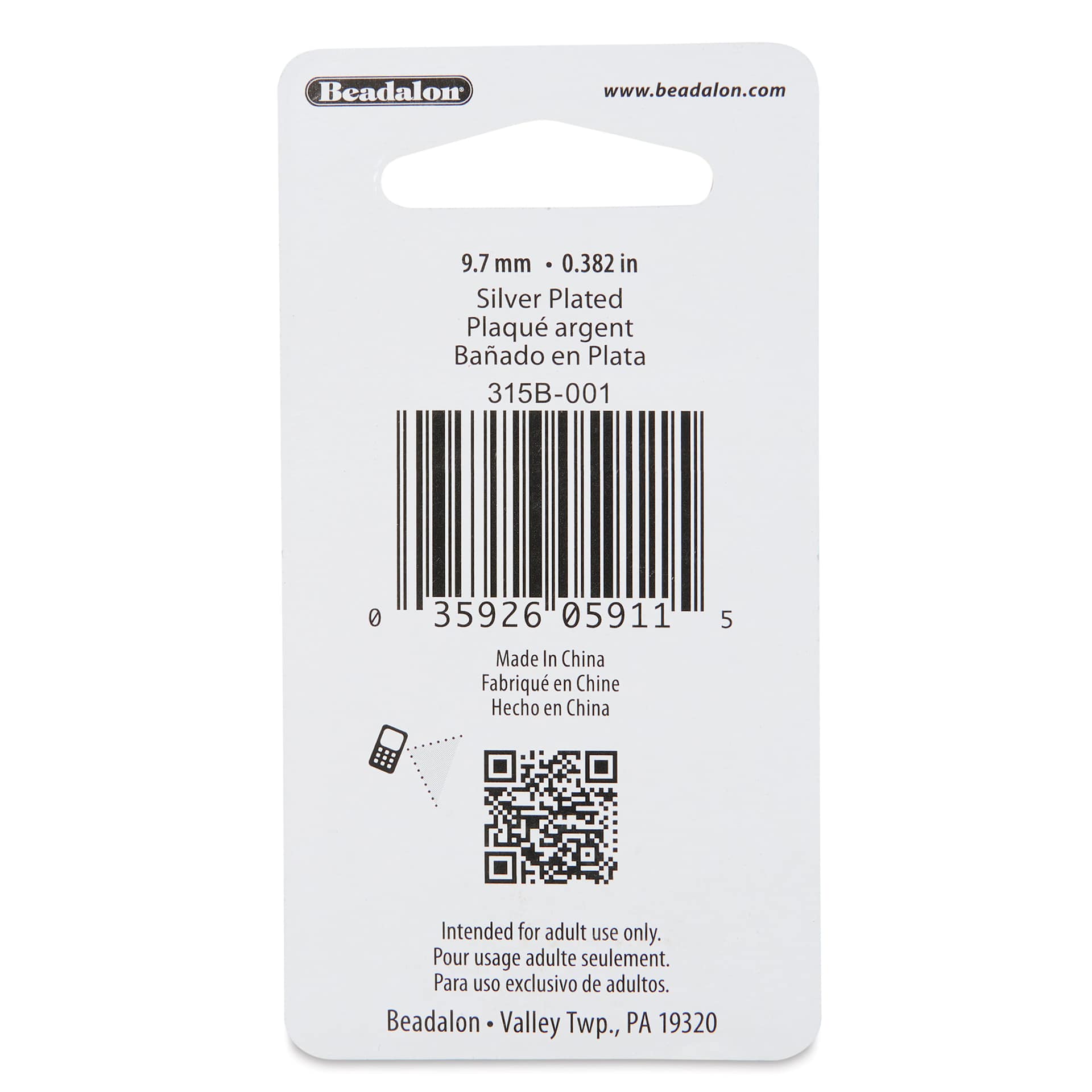 Beadalon Lobster Clasps - Extra Small, Silver Plated, Pkg of 5 back of packaging