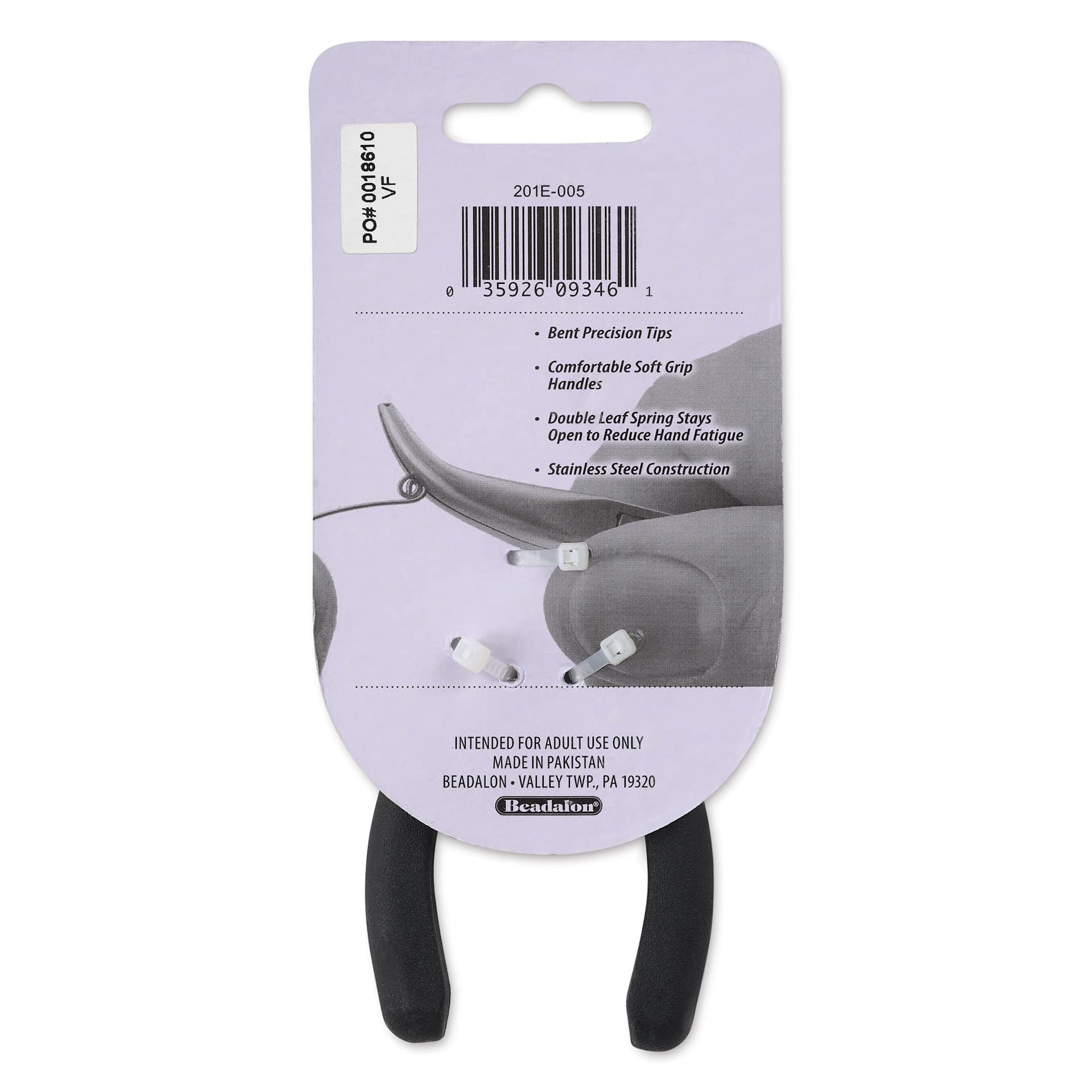 Beadalon Designer Series Bent Chain Nose Pliers - back of packaging
