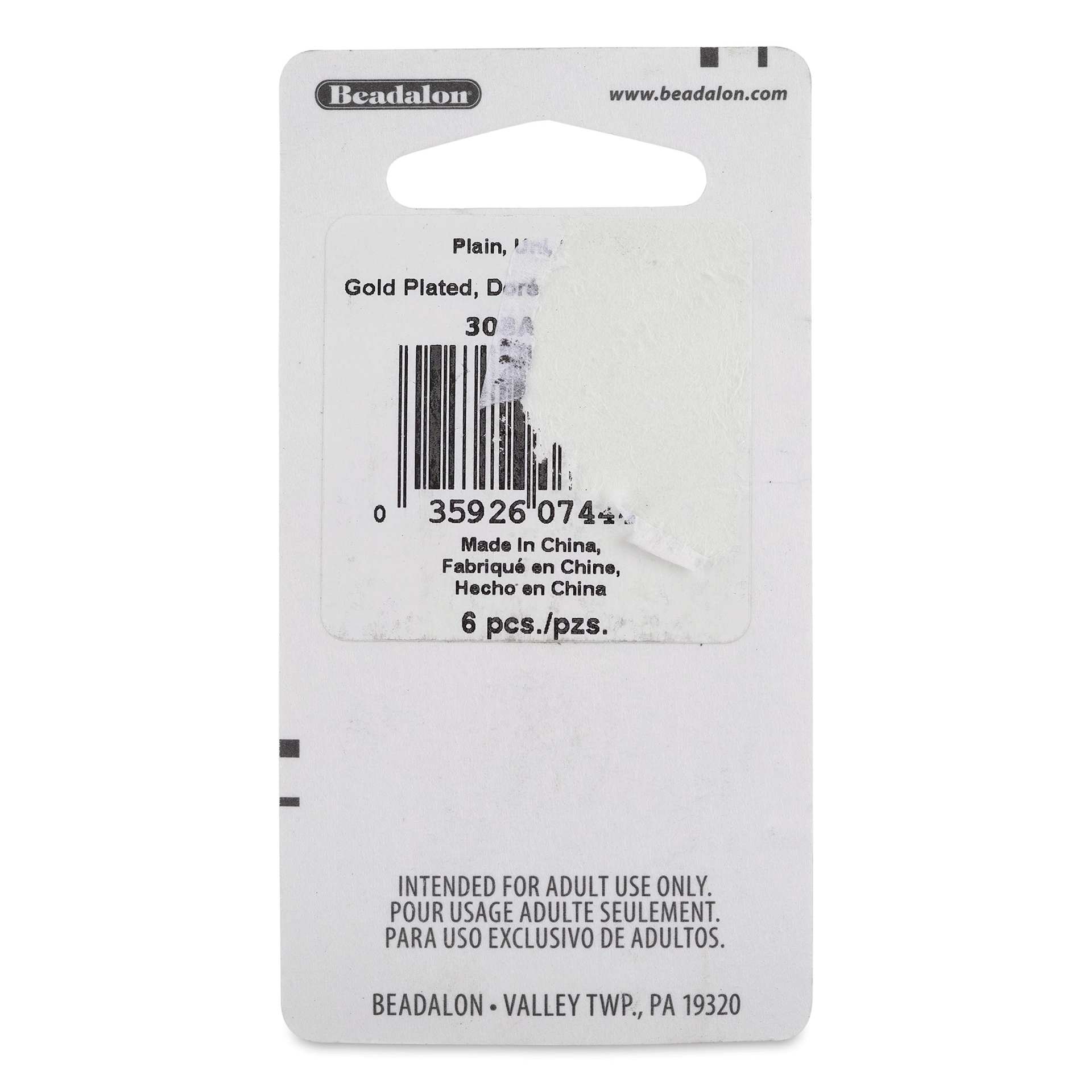 Beadalon Ear Wires - 0.76 mm, Leverback, Plain, Gold, Pkg of 6 back of packaging