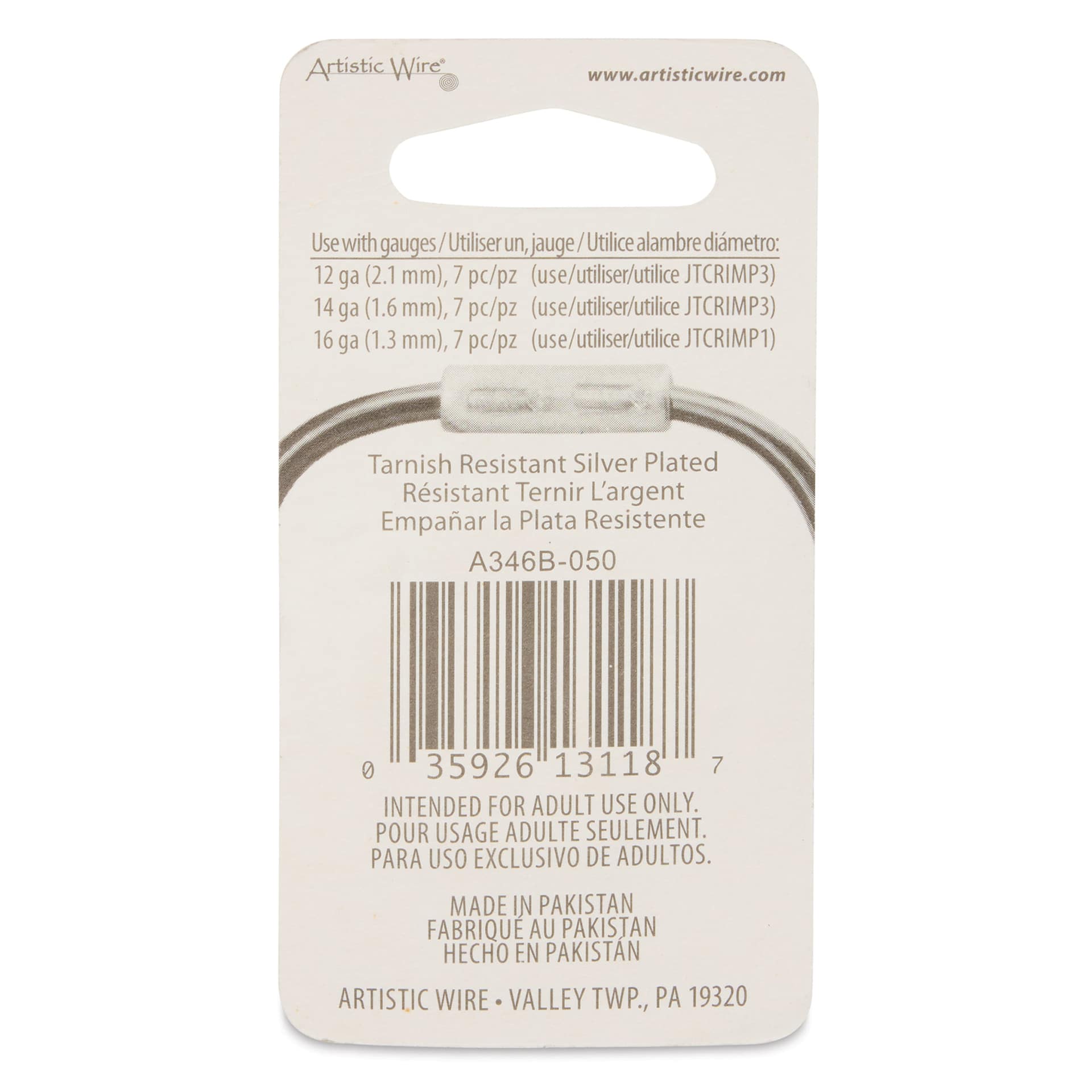 Artistic Wire Large Wire Crimp Connectors - Tarnish Resistant Silver Plated, 10 mm, Pkg of 21 back of packaging