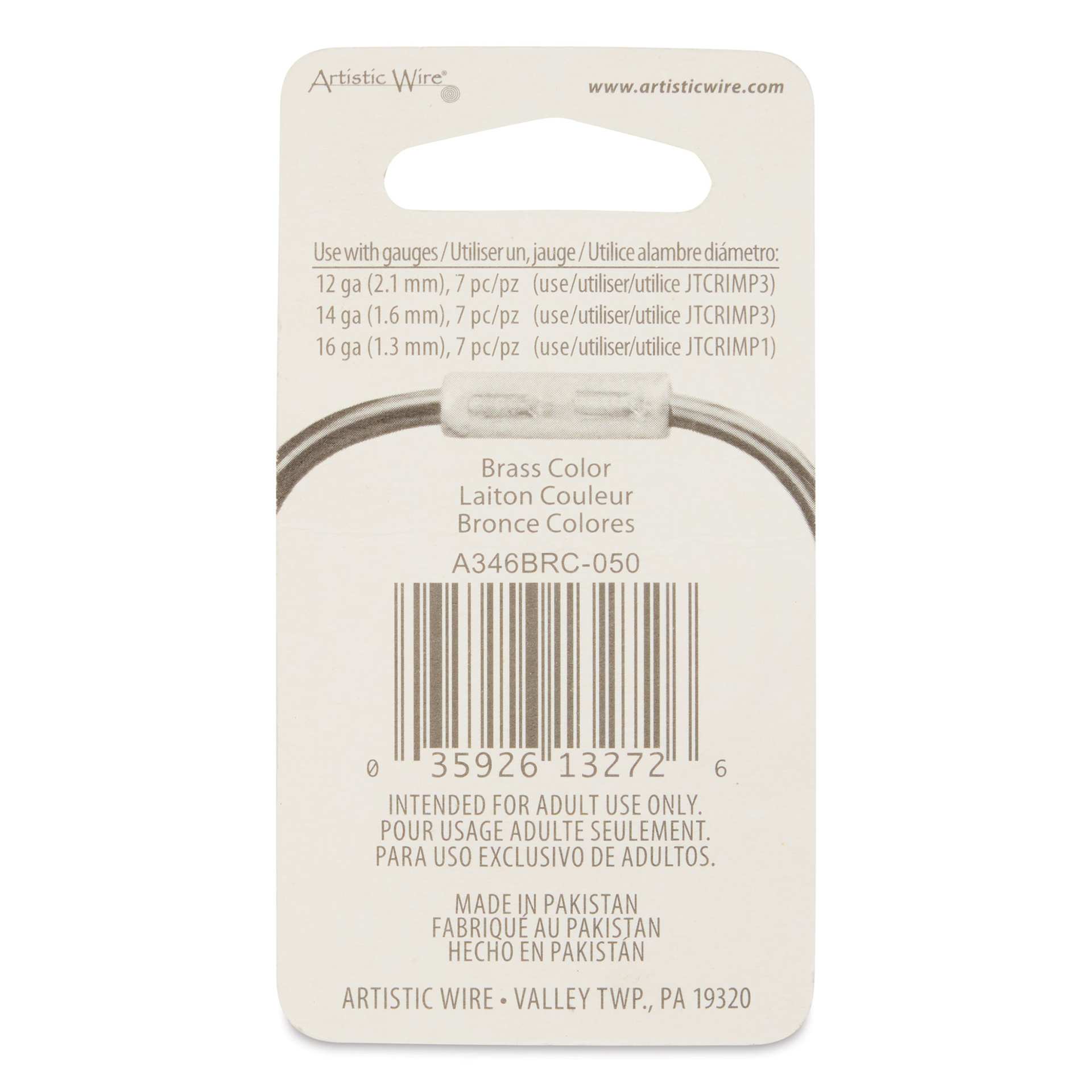 Artistic Wire Large Wire Crimp Connectors - Brass, 10 mm, Pkg of 21 back of packaging