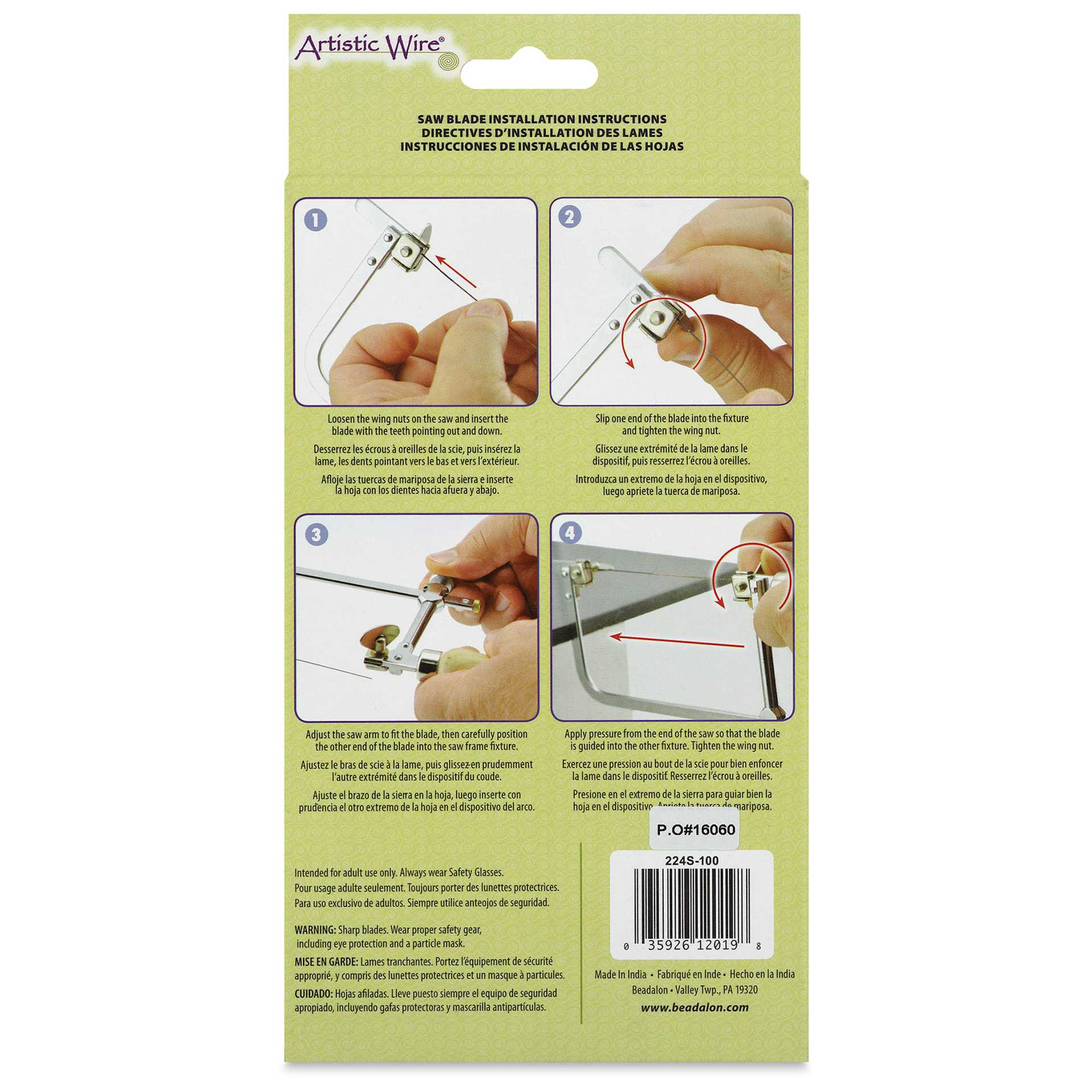 Artistic Wire Jeweler's Saw Frame w/ 36 Blades back of packaging
