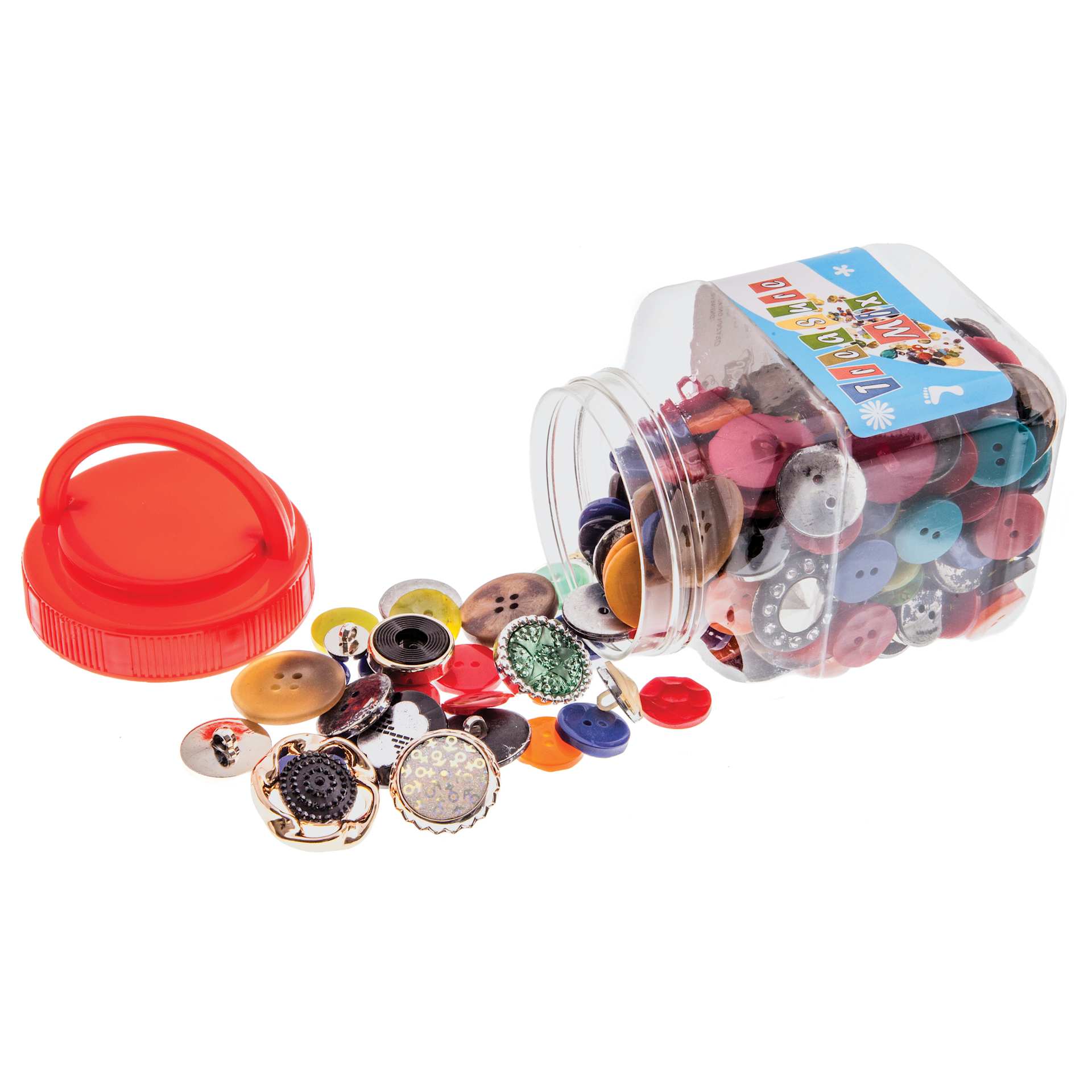 John Bead Button Treasure Mix - 250 g Tub contents with packaging