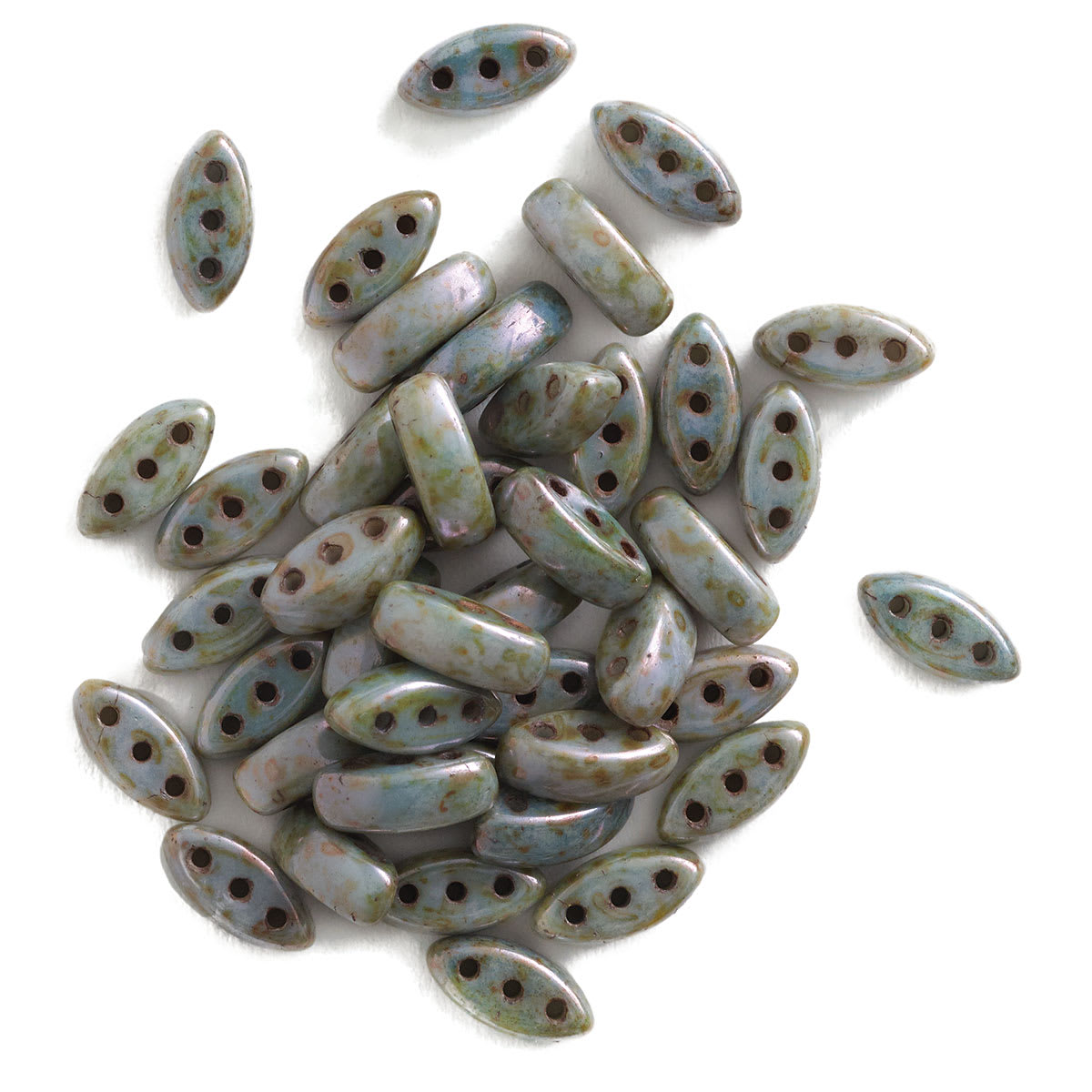 John Bead Czech Glass Cali Three-Hole Beads - White and Blue Luster beads in loose pile