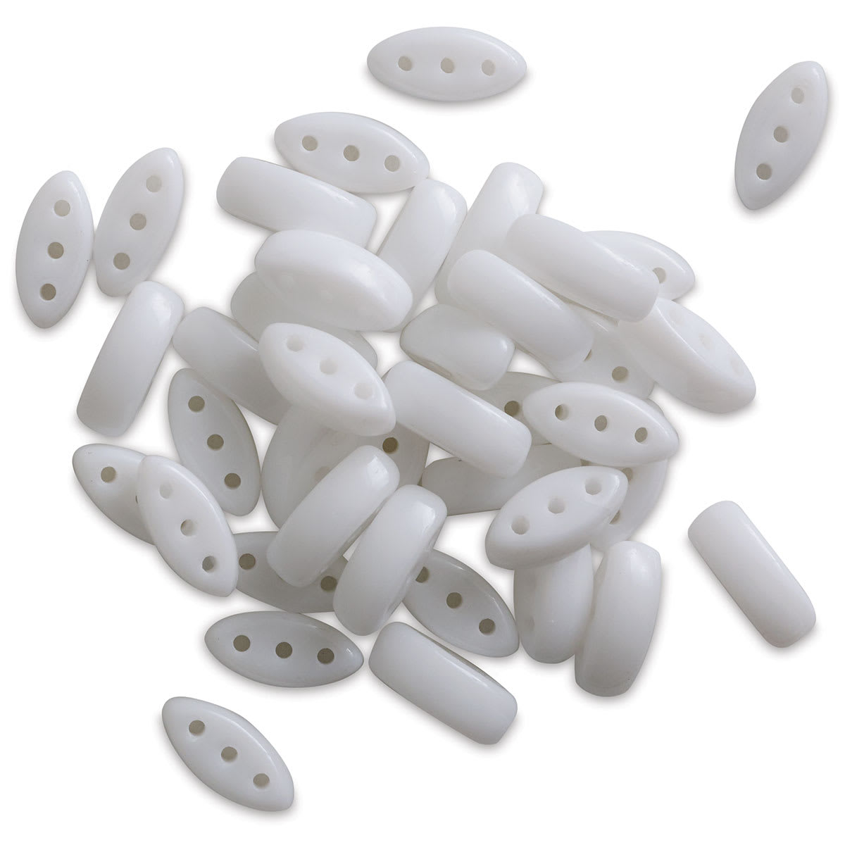 John Bead Czech Glass Cali Three-Hole Beads - Chalk White beads in loose pile