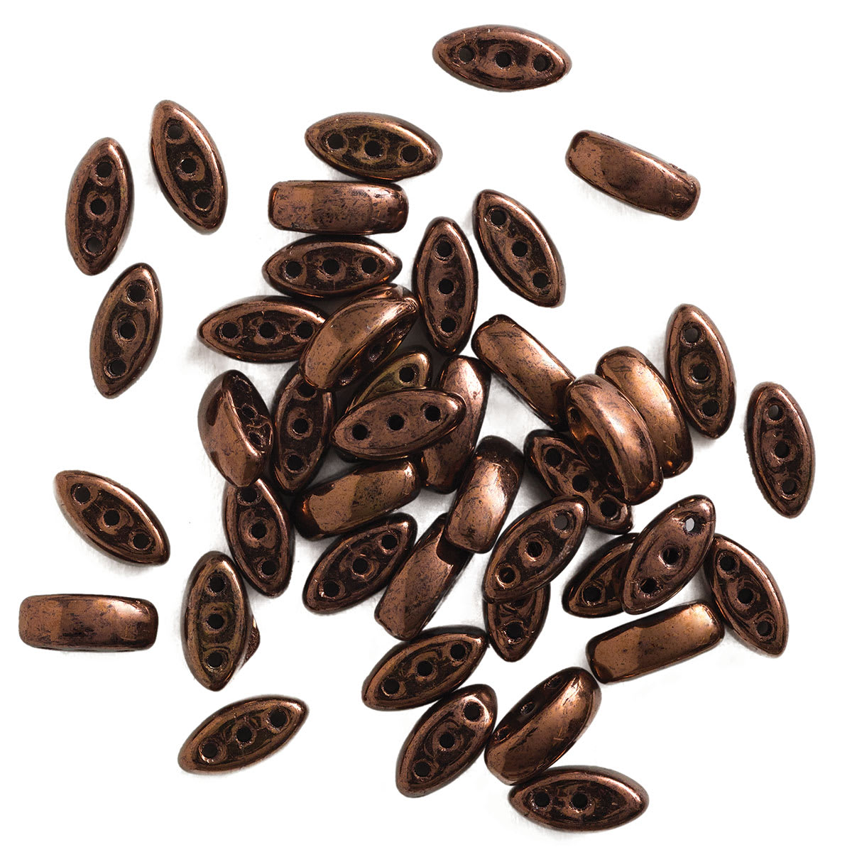 John Bead Czech Glass Cali Three-Hole Beads - Black and Bronze beads in loose pile