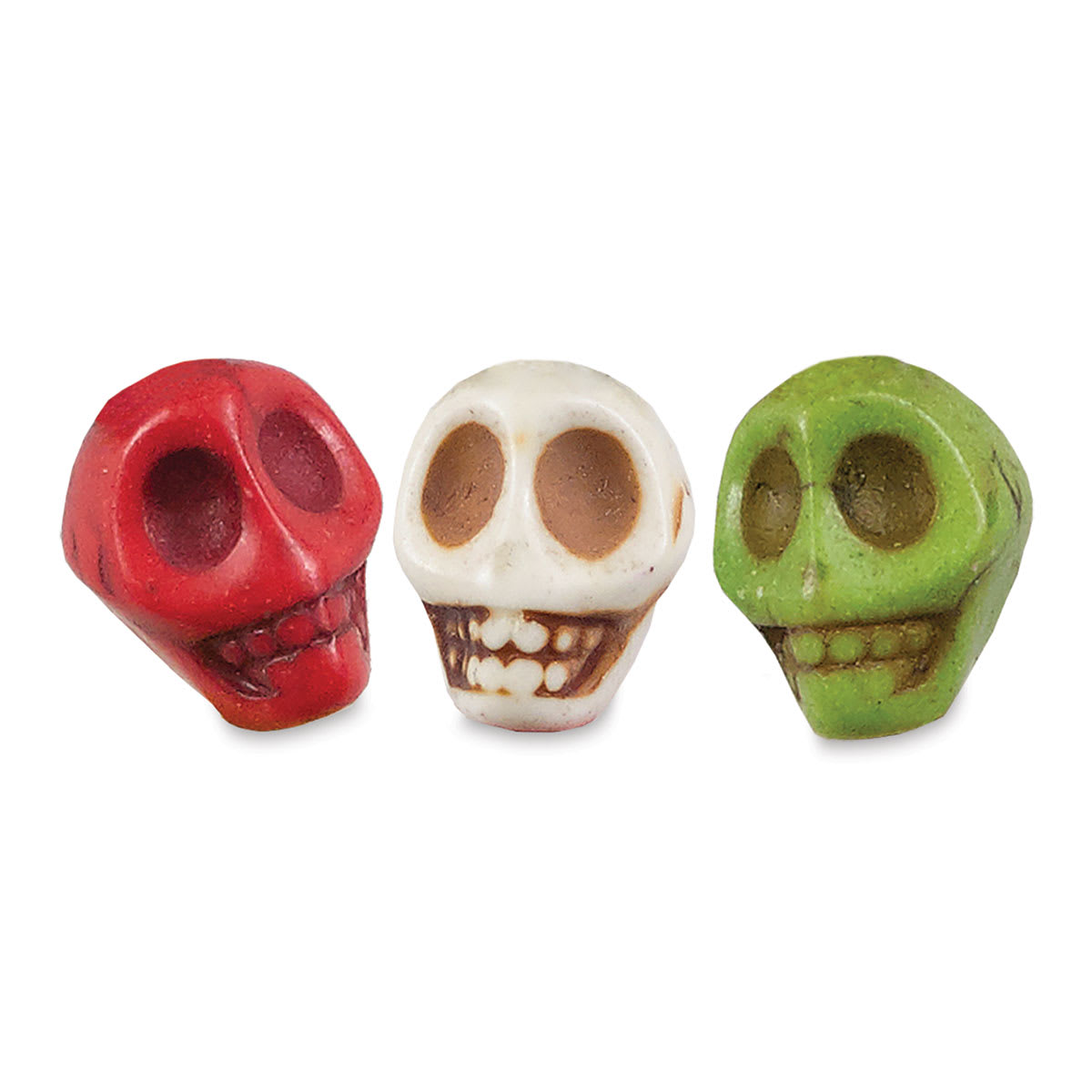 John Bead Semi-Precious Skull Beads - Closeup of three 10 mm Multicolor Skull Beads