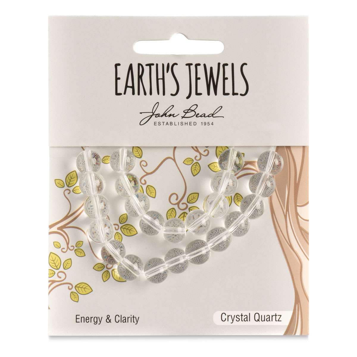 John Bead Earth's Jewels Quartz Beads - Crystal Quartz, Round, 8 mm, 23 beads - front of packaging