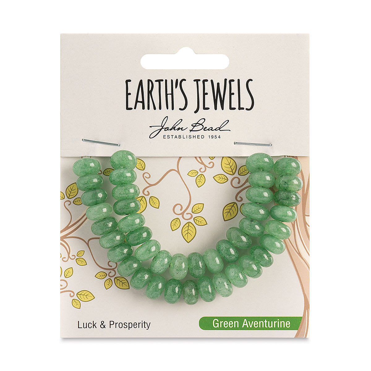 John Bead Earth’s Jewels Aventurine Beads - Donut Rondelle, Pkg of 41, Green, 5 mm x 8 mm - front of packaging