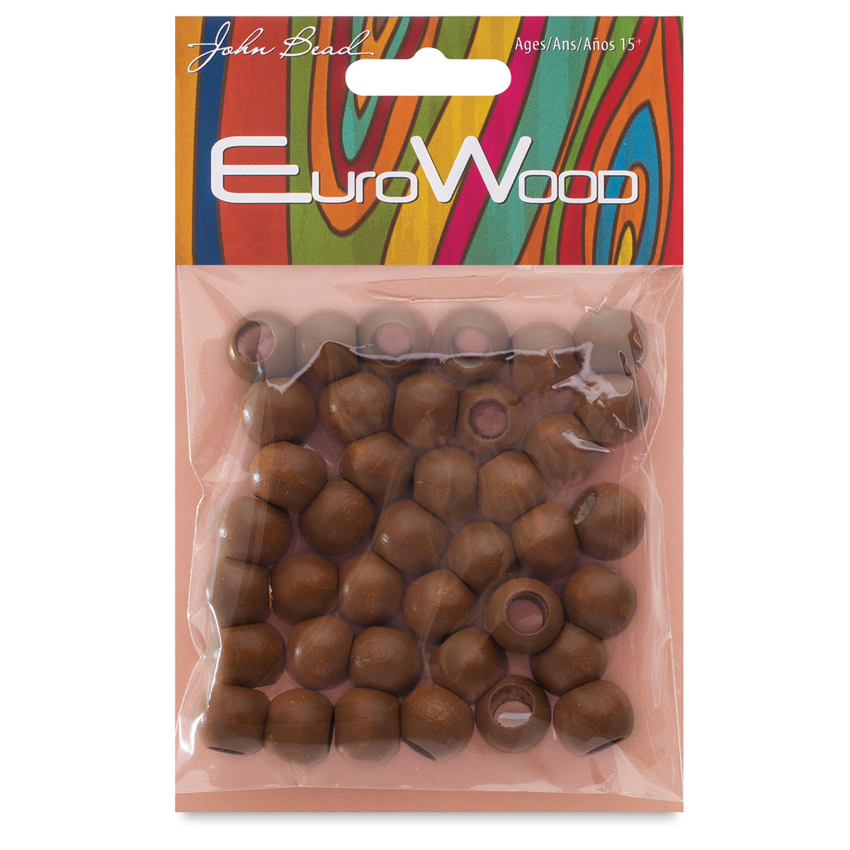 John Bead Euro Wood Beads - Coffee, Round, Large Hole, 12 mm x 9.8 mm, Pkg of 40