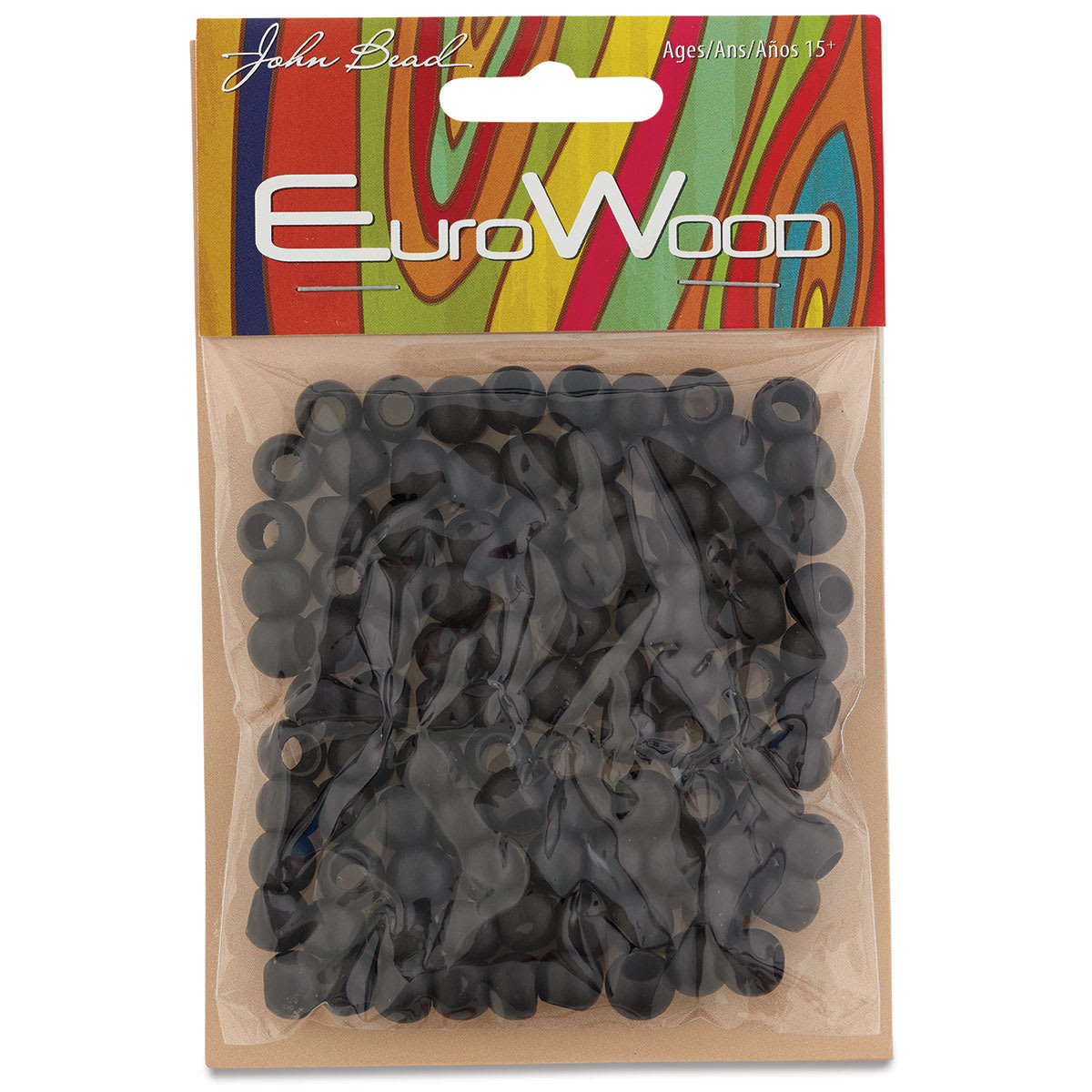 John Bead Euro Wood Beads - Black, Round Large Hole, 8 mm x 6.5 mm, Pkg of 100 - front of packaging