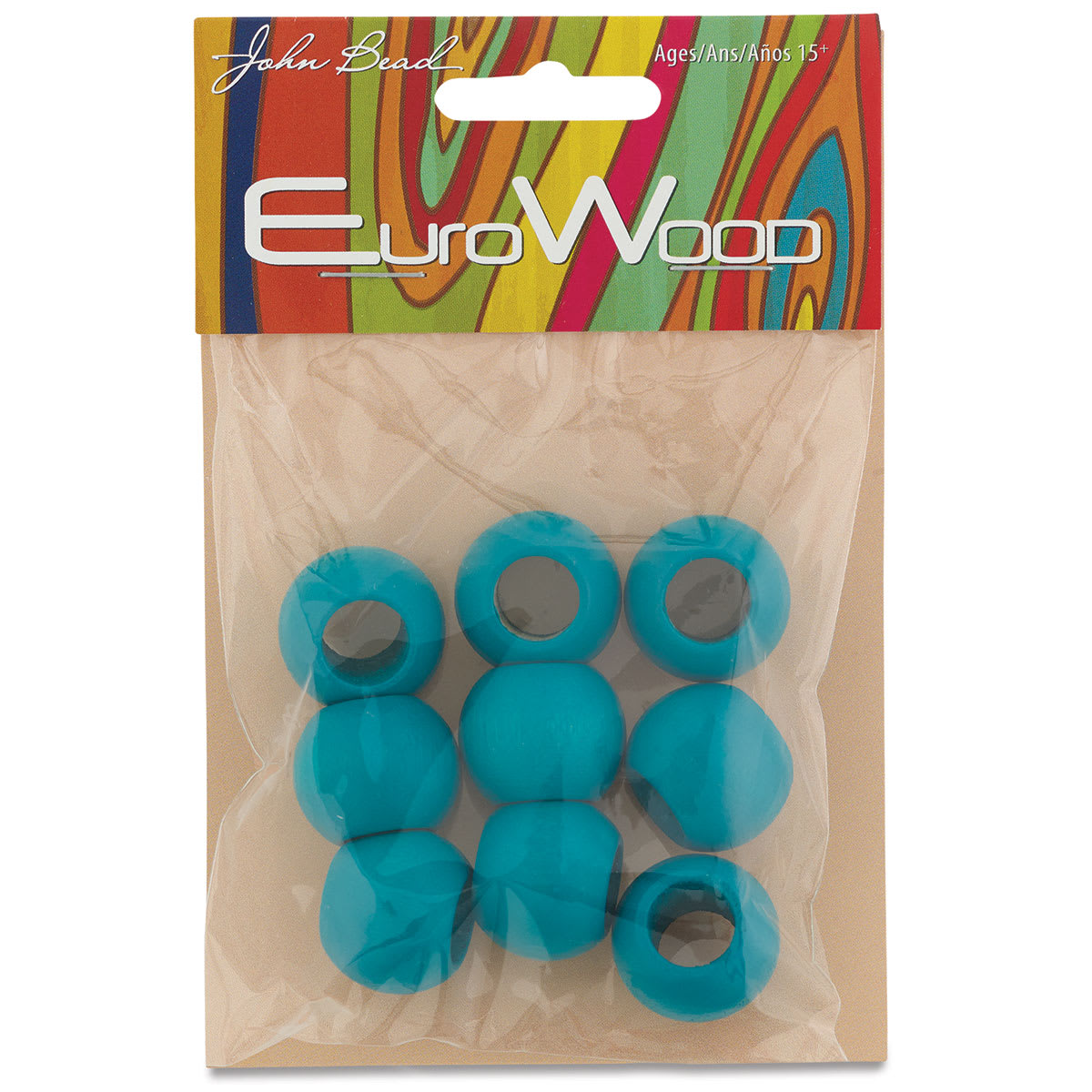 John Bead Euro Wood Beads - Turquoise, Round Large Hole, 20 mm x 16 mm, Pkg of 9 - front of packaging