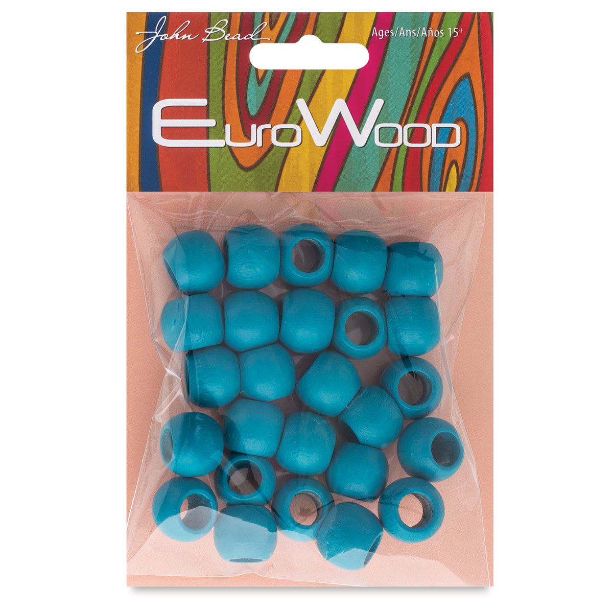 John Bead Euro Wood Beads - Turquoise, Round, Large Hole, 14 mm x 11 mm, Pkg of 26 - front of packaging