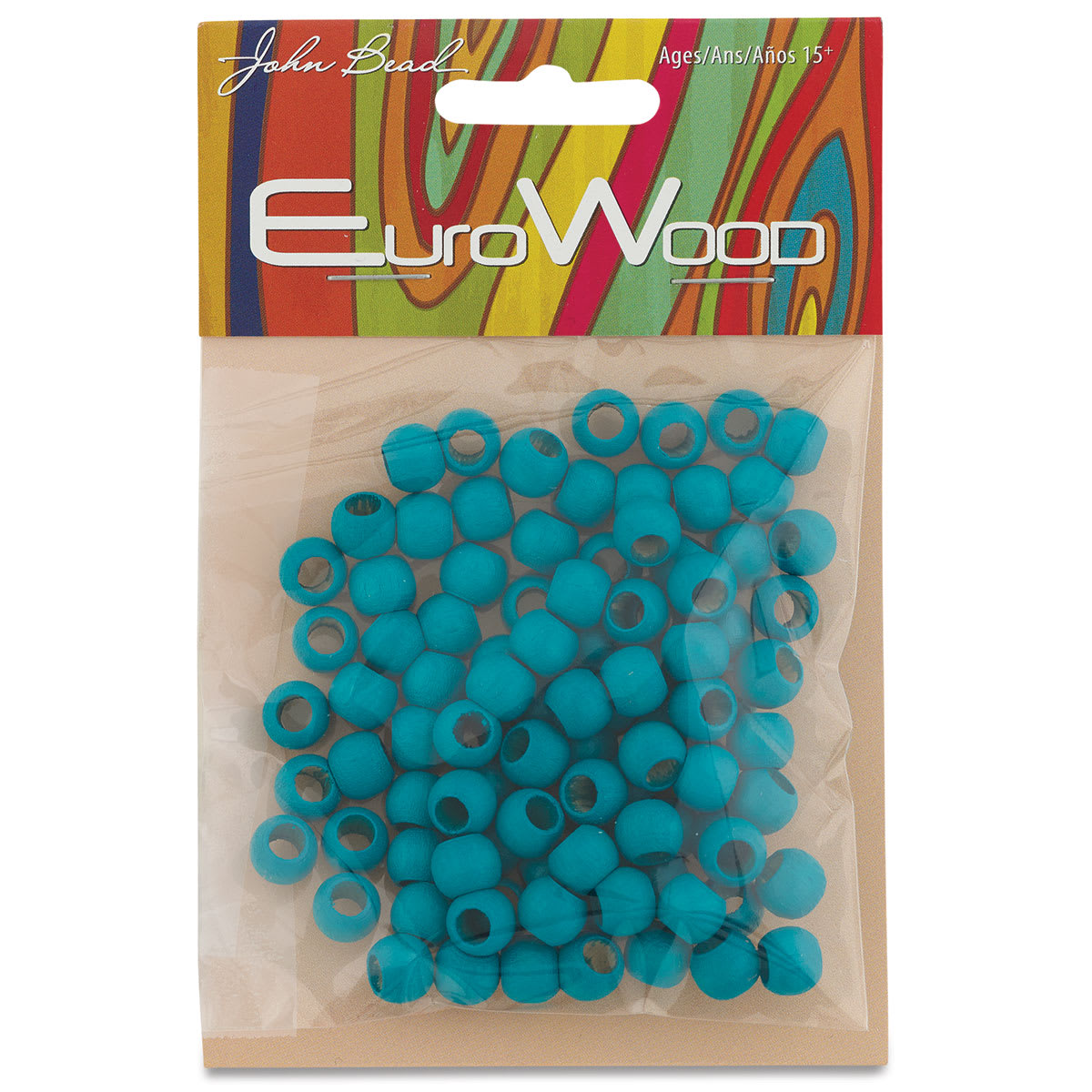 John Bead Euro Wood Beads - Turquoise, Round Large Hole, 8 mm x 6.5 mm, Pkg of 100 - front of packaging