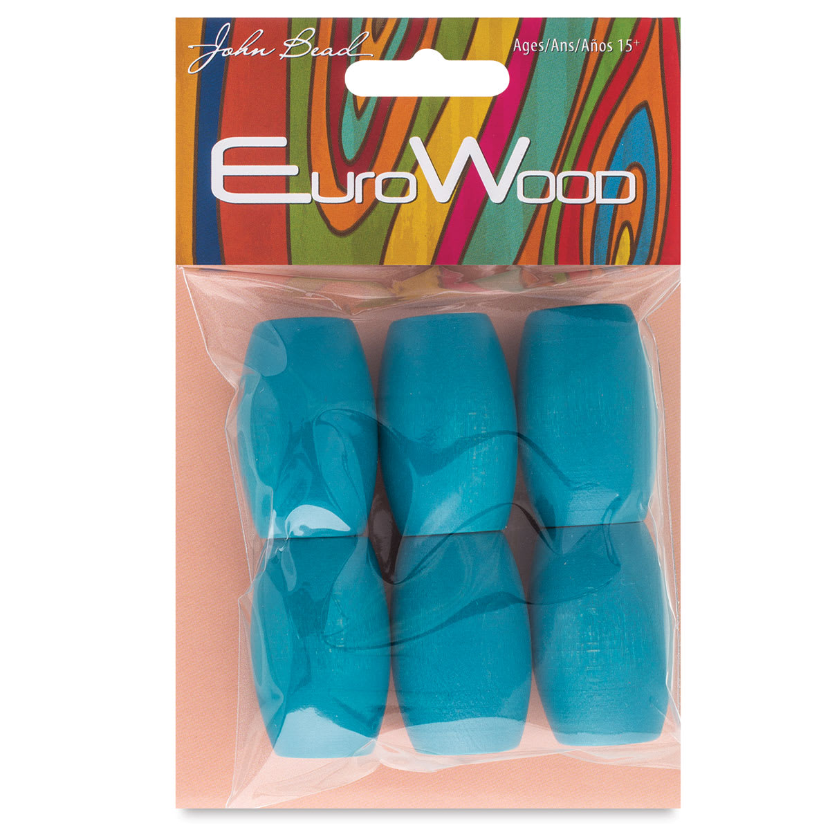John Bead Euro Wood Beads - Turquoise, Oval Large Hole, 22mm x 33mm, Pkg of 6 - front of packaging