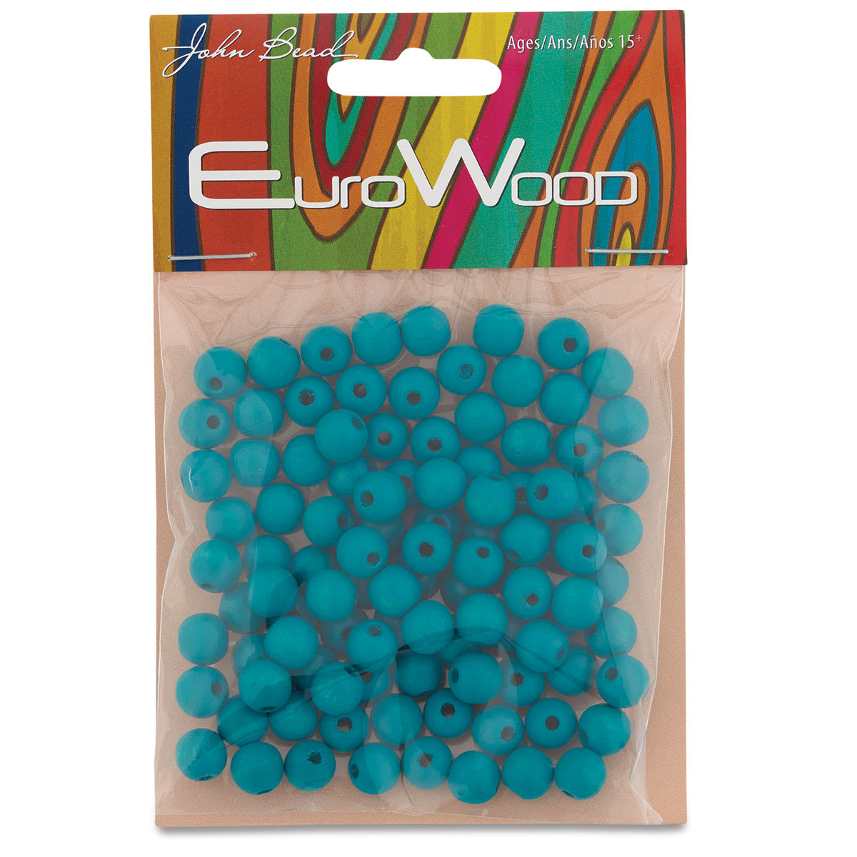 John Bead Euro Wood Beads - Turquoise, Round, 8 mm, Pkg of 100 - front of packaging