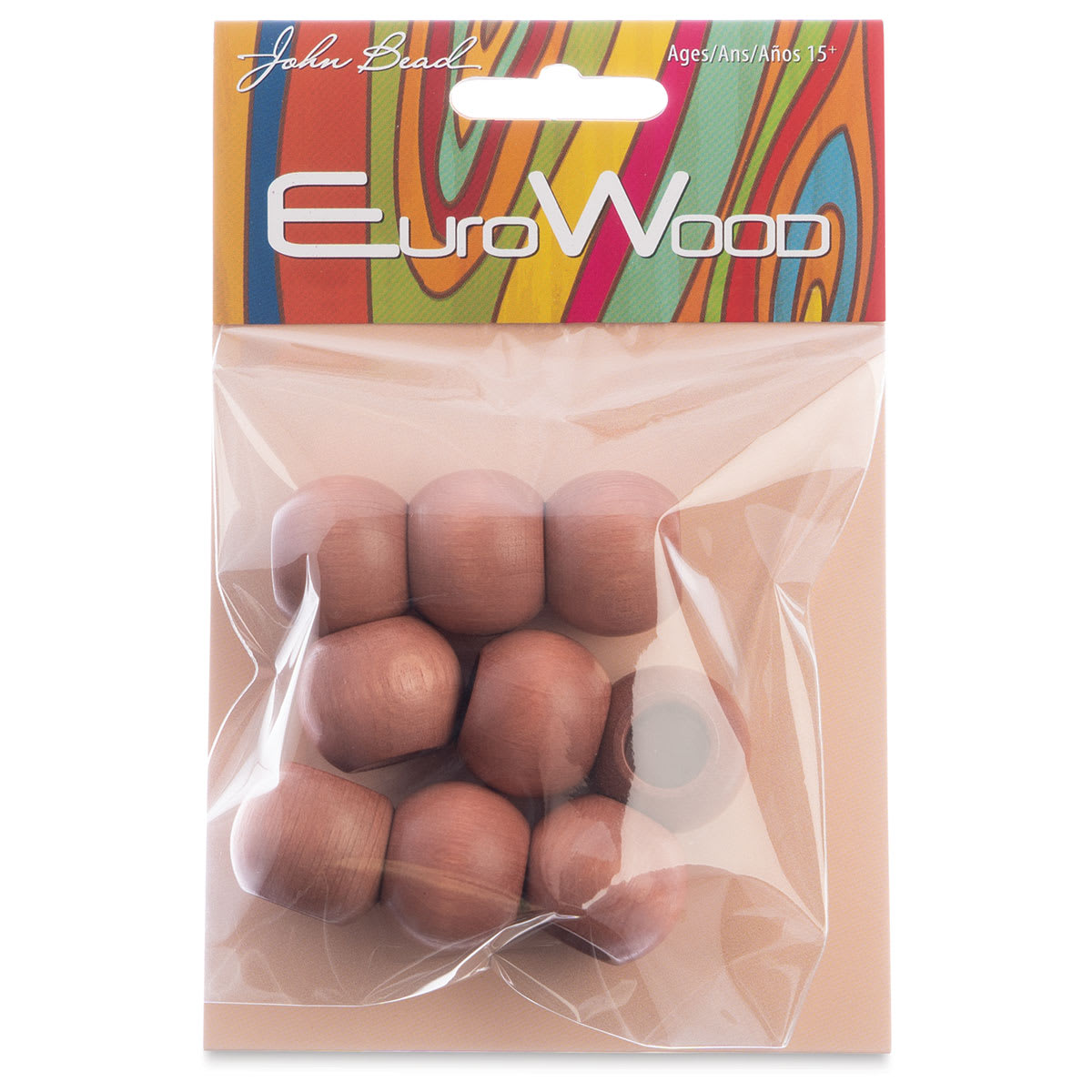John Bead Euro Wood Beads - Light Brown, Round, Large Hole, 20 mm x 16, Pkg of 9 - front of packaging