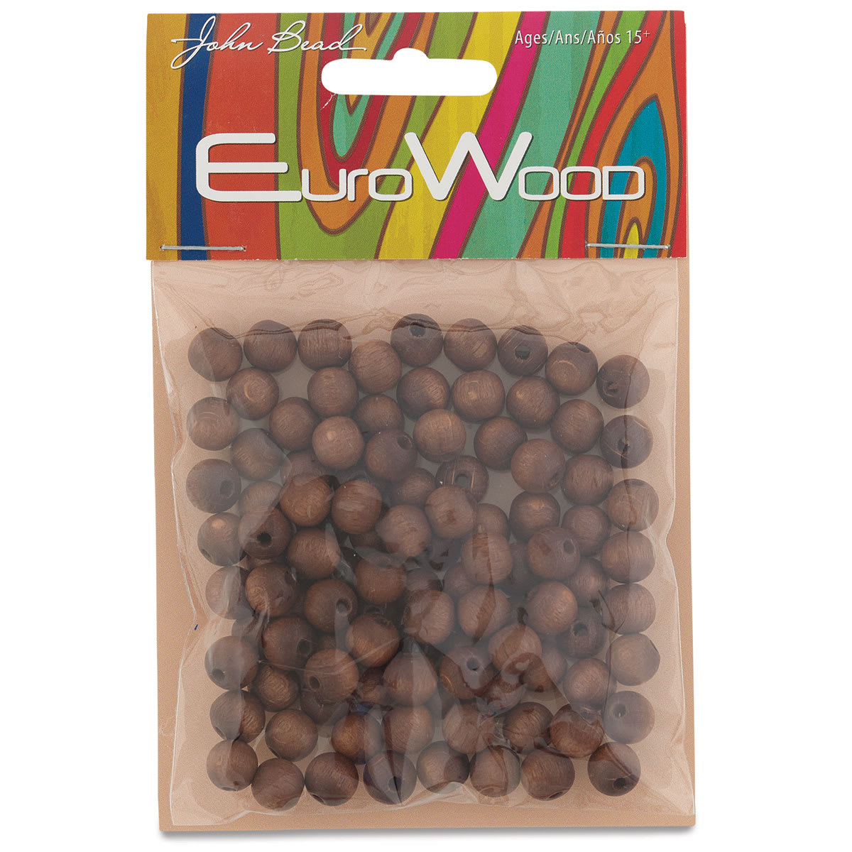 John Bead Euro Wood Beads - Dark Brown, Round, 8 mm, Pkg of 100 - front of packaging