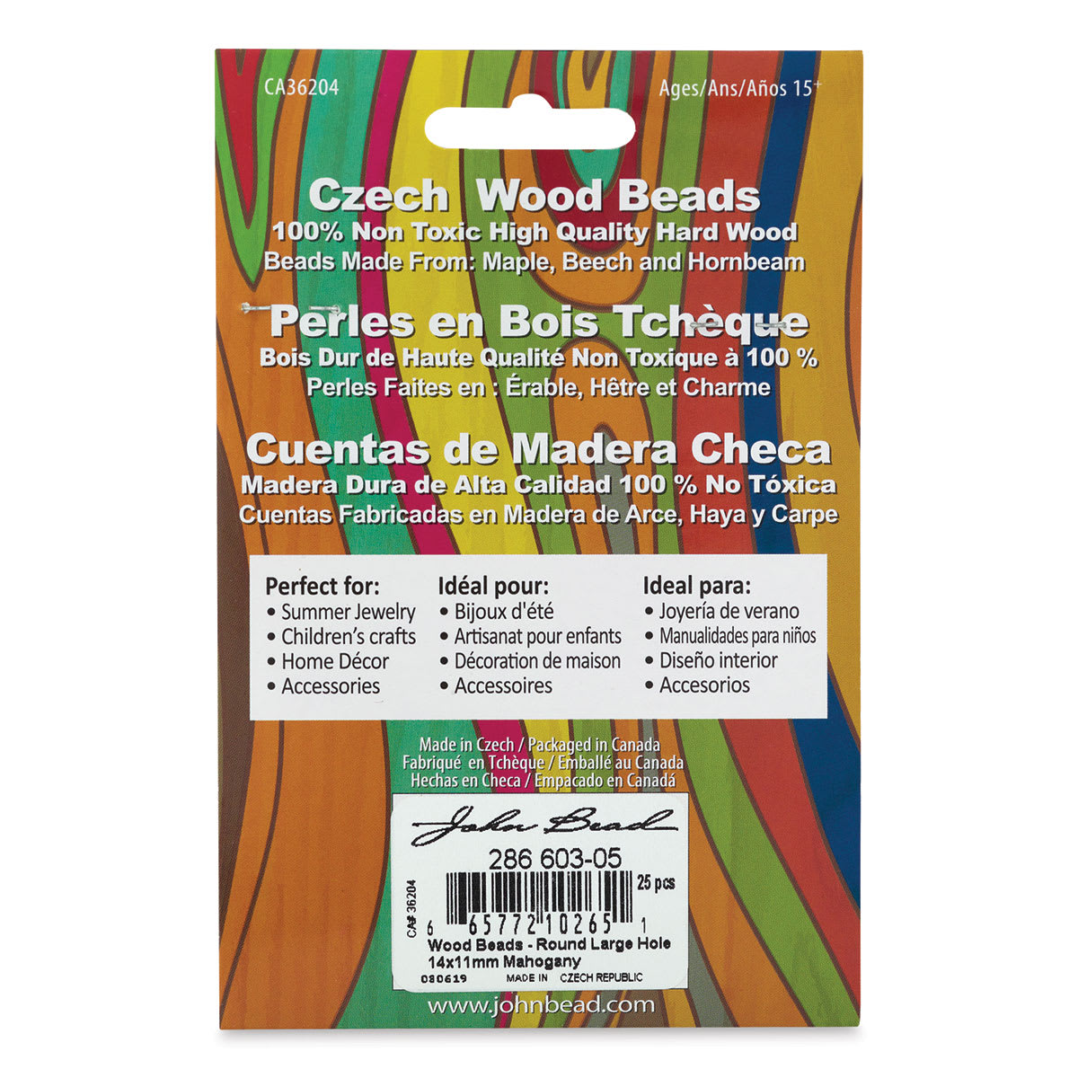 John Bead Euro Wood Beads - Mahogany, Round, Large Hole, 14 mm x 11 mm, Pkg of 25 - back of packaging