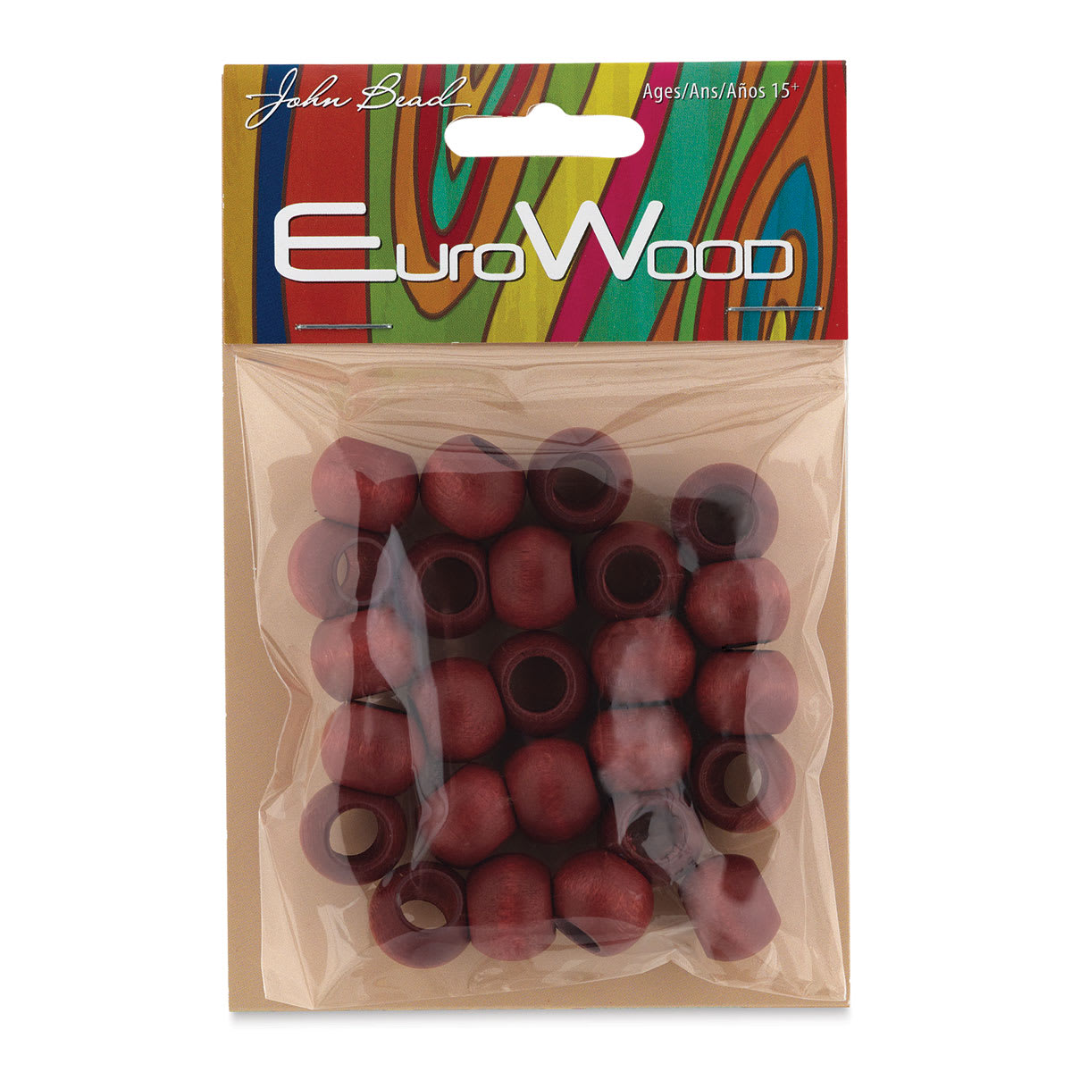 John Bead Euro Wood Beads - Mahogany, Round, Large Hole, 14 mm x 11 mm, Pkg of 25 - front of packaging