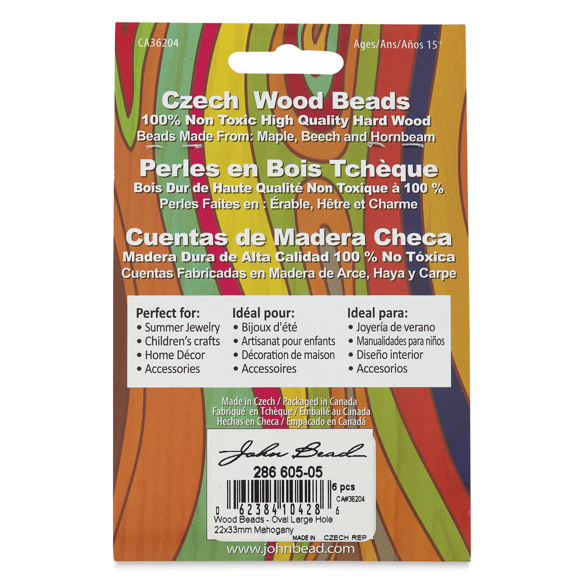 John Bead Euro Wood Beads - Mahogany, Oval, Large Hole, 22 mm x 33 mm, Pkg of 6 - back of packaging