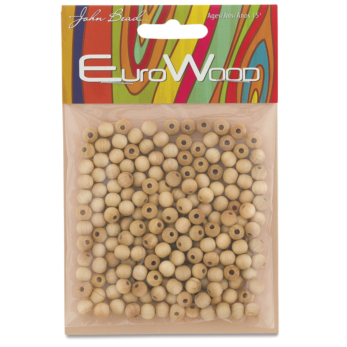 John Bead Euro Wood Beads - Natural, Round, 6 mm, Pkg of 200 - front of packaging