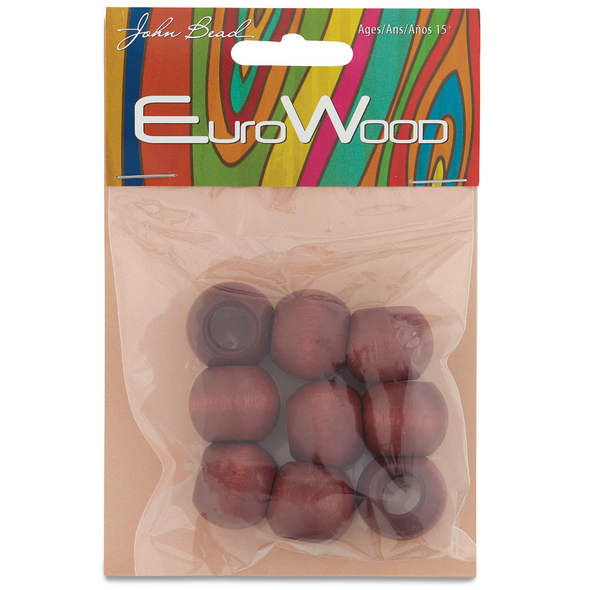 John Bead Euro Wood Beads - Mahogany, Round Large Hole, 20 mm x 16 mm, Pkg of 9 - front of packaging