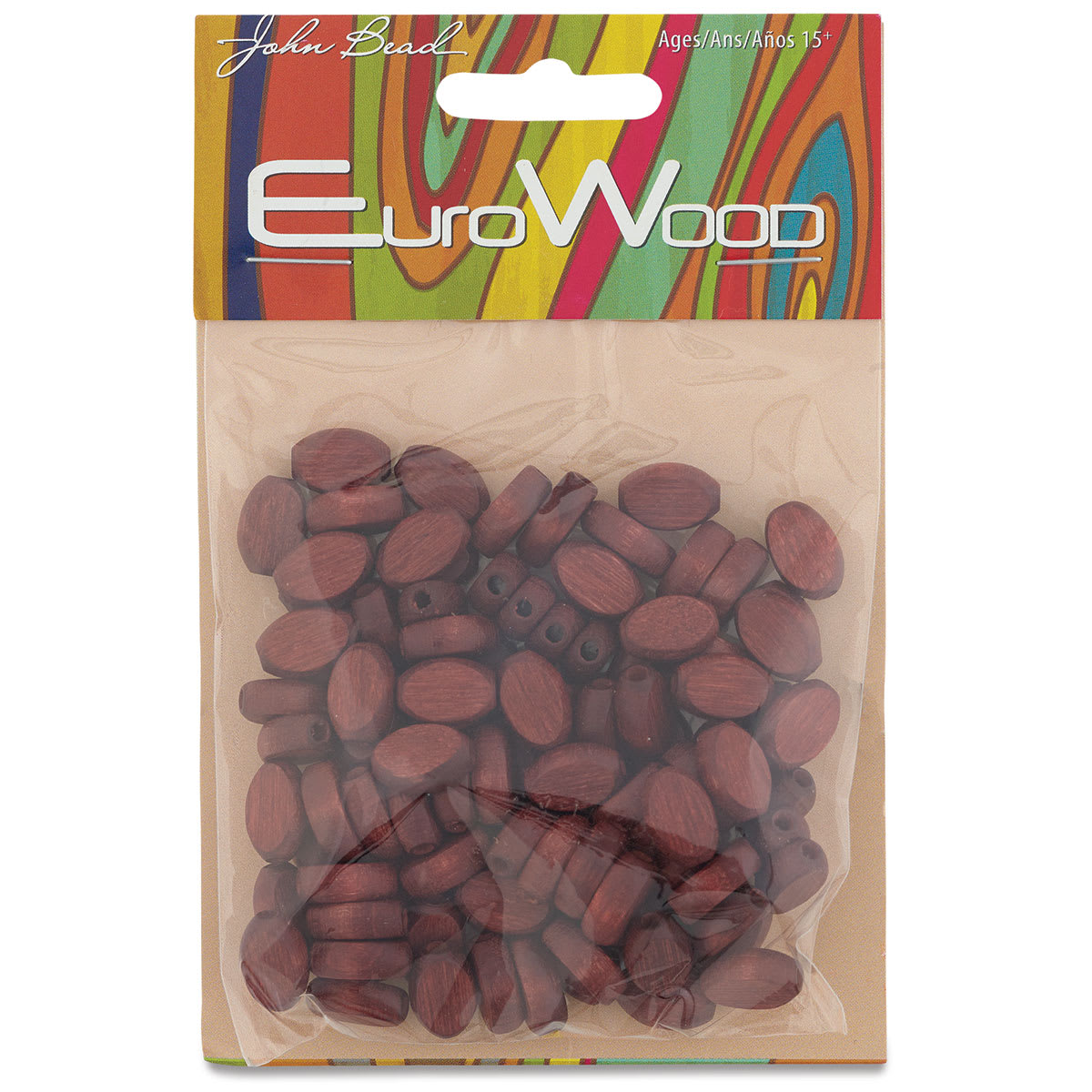 John Bead Euro Wood Beads - Mahogany, Flat Oval, 8 mm x 12 mm, Pkg of 100 - front of packaging