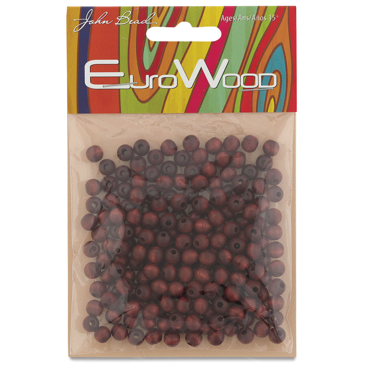 John Bead Euro Wood Beads - Mahogany, Round, 6 mm, Pkg of 200 - front of packaging

