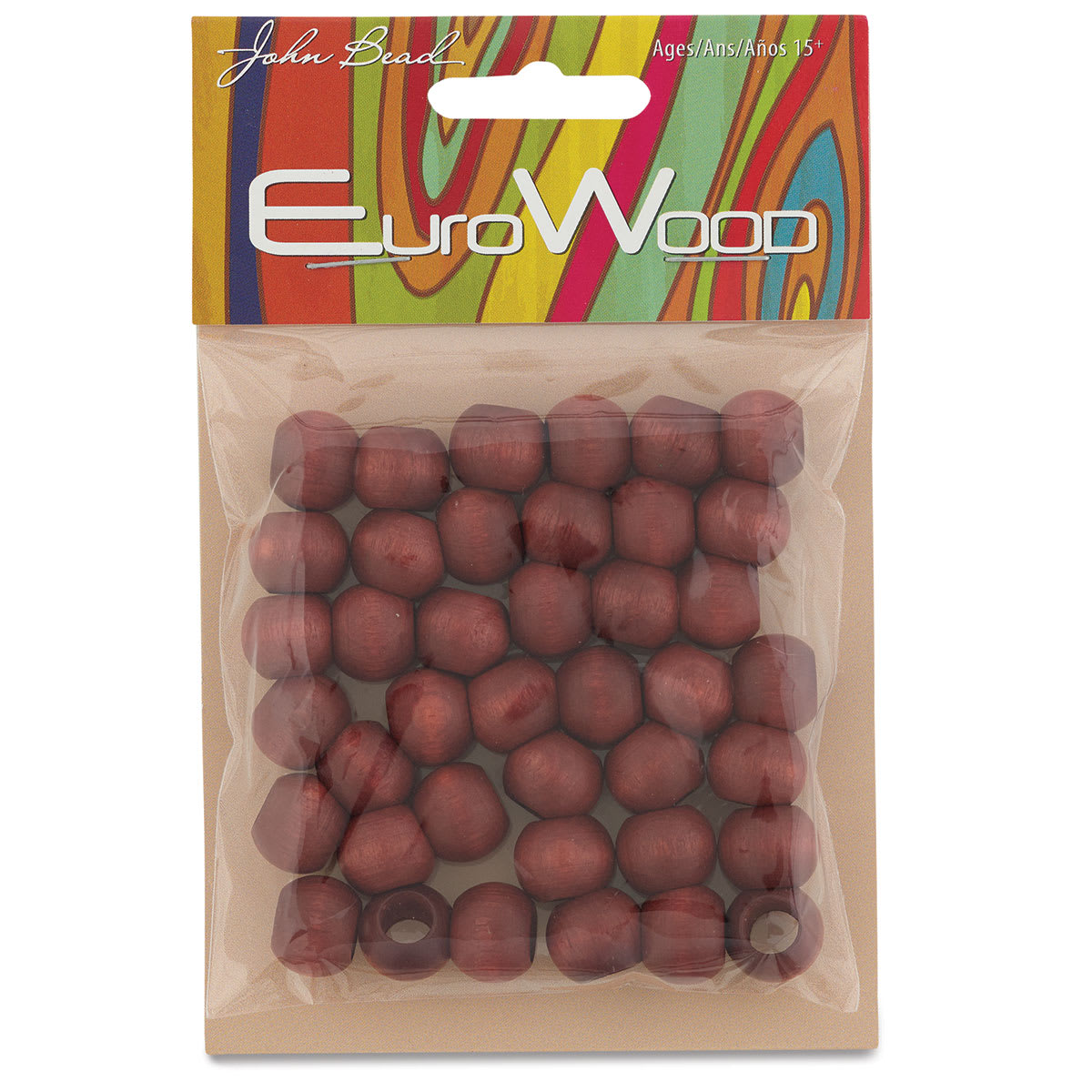 John Bead Euro Wood Beads - Mahogany, Round Large Hole, 12 mm x 9.8 mm, Pkg of 40 - front of packaging