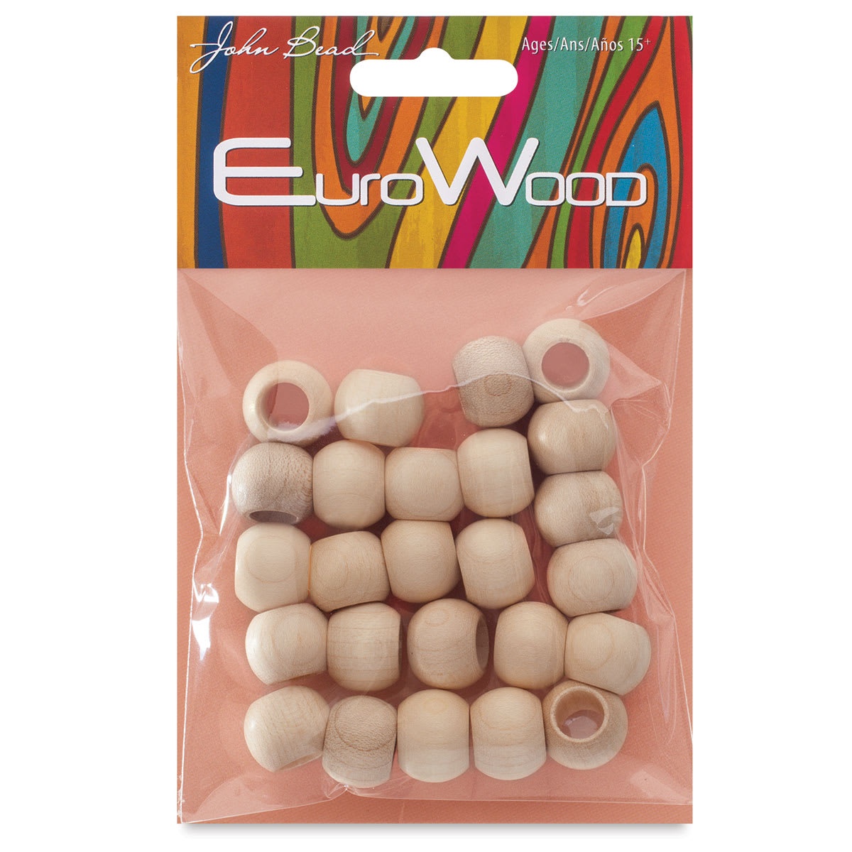 John Bead Euro Wood Beads - Natural, Round, Large Hole, 14 mm x 11 mm, Pkg of 25 - front of packaging