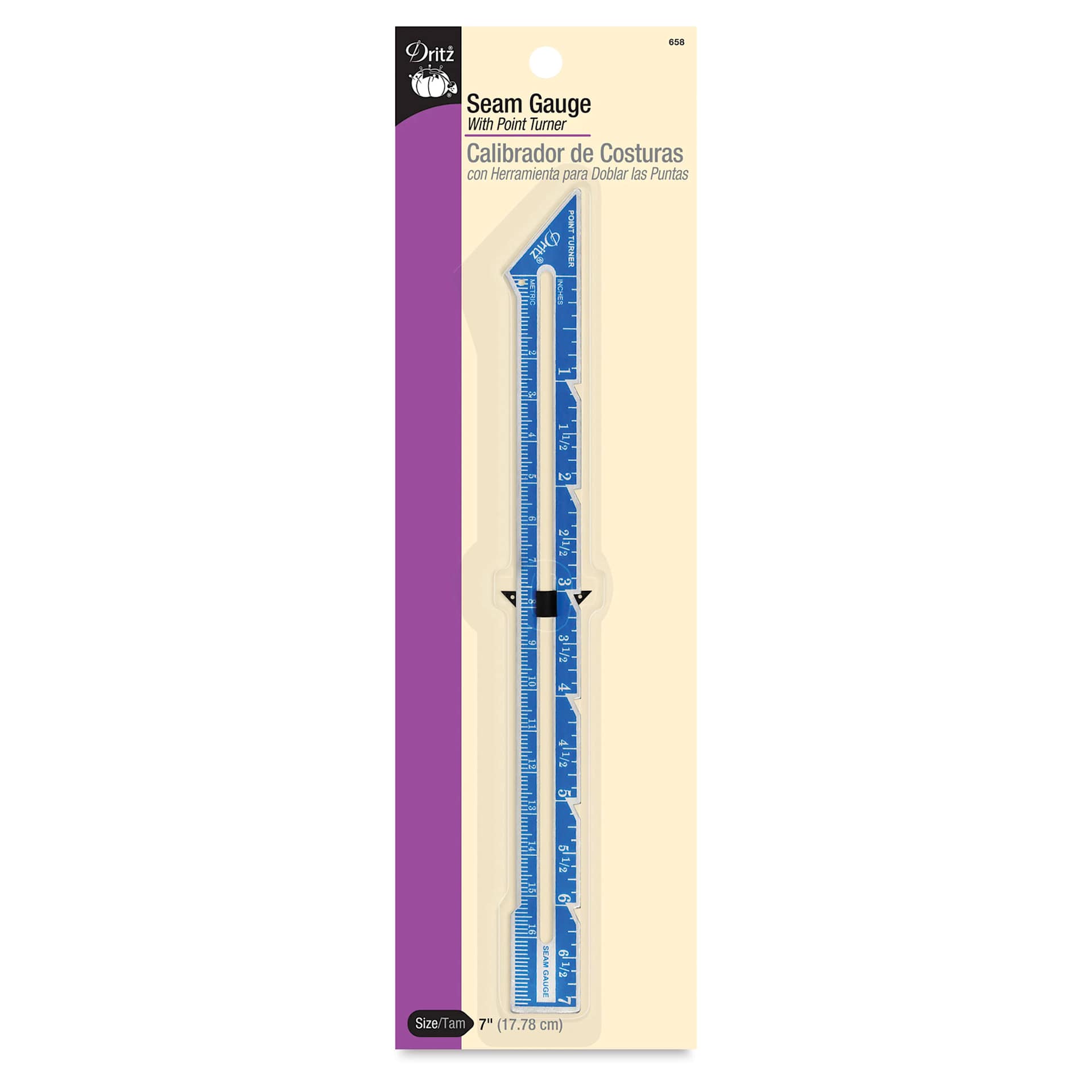 Dritz Seam Gauge with Point Turner - 7" Length, front of the packaging