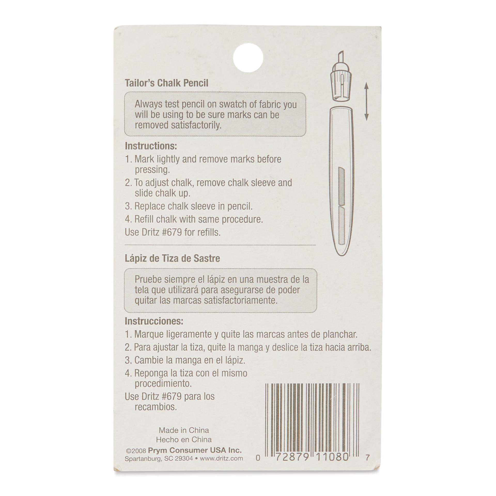 Dritz Tailor's Chalk Pencil back of packaging